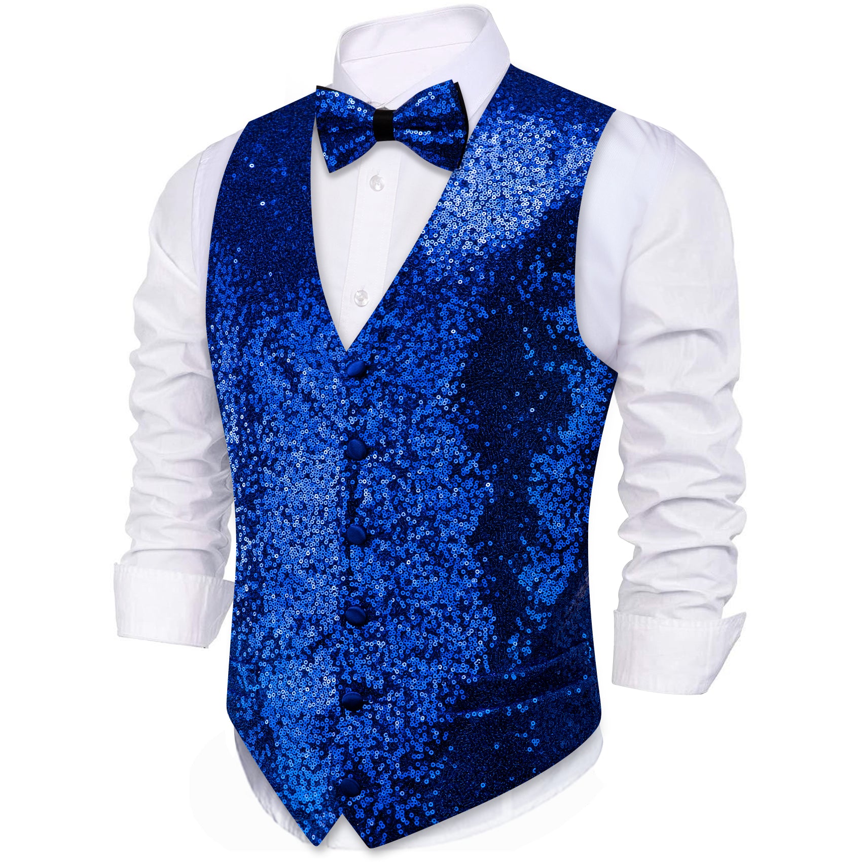 Men's Cobalt Blue Sequins Silk Bow tie Waistcoat Vest Set