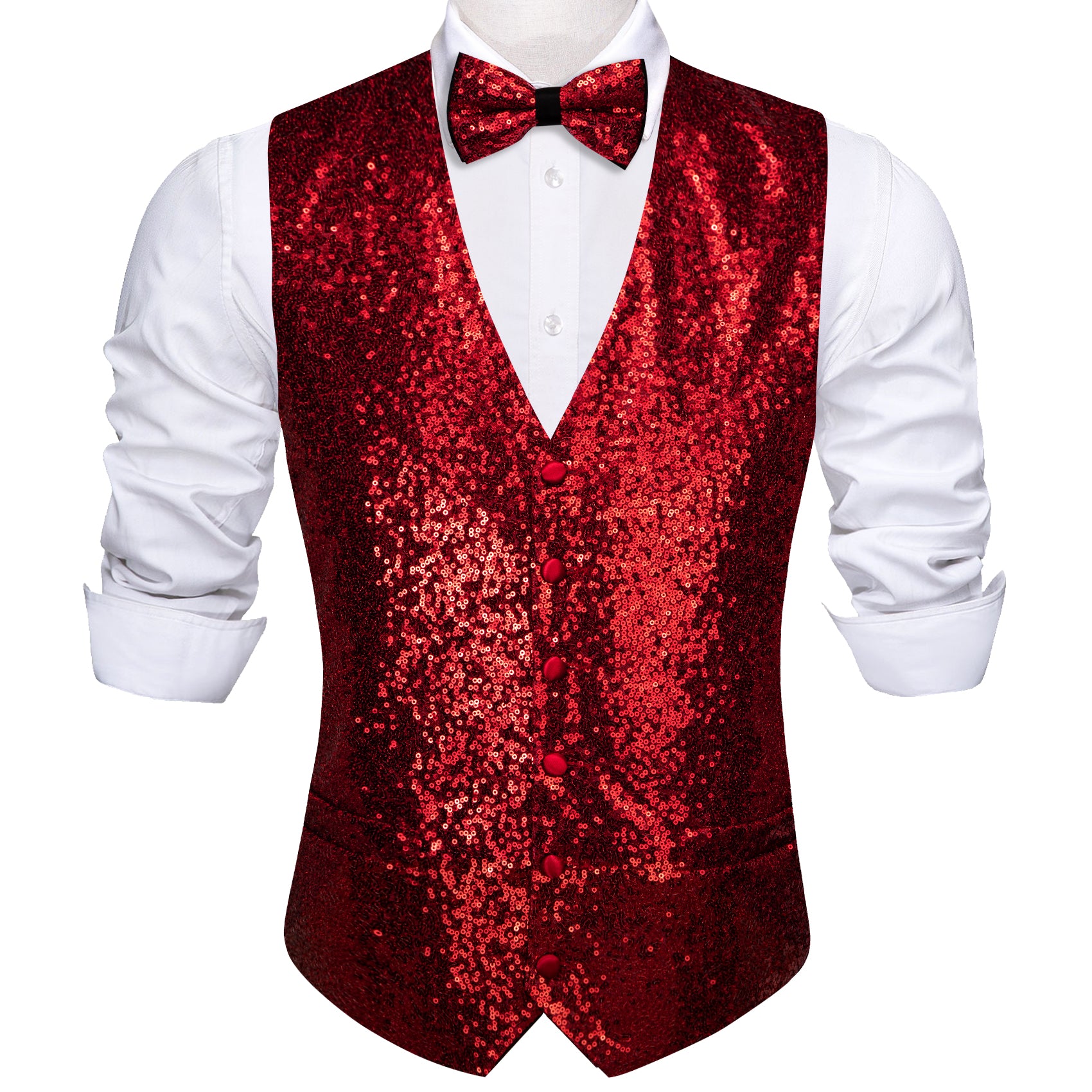 Men's Fire Brick Sequins Silk Bow tie Waistcoat Vest Set