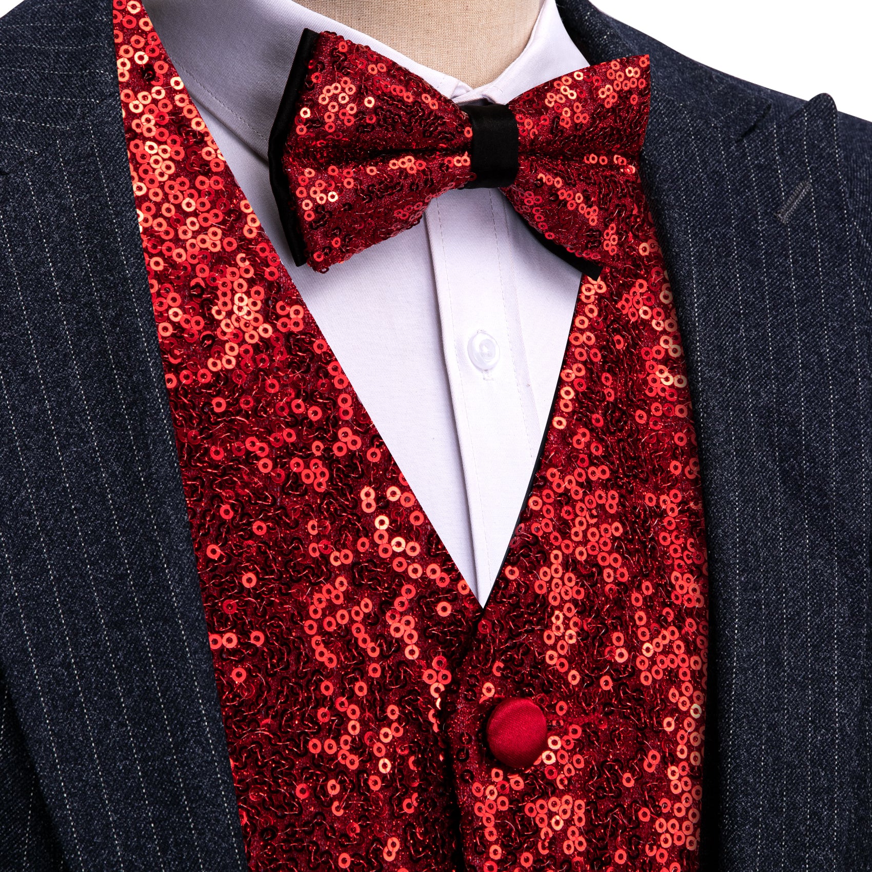 Men's Fire Brick Sequins Silk Bow tie Waistcoat Vest Set