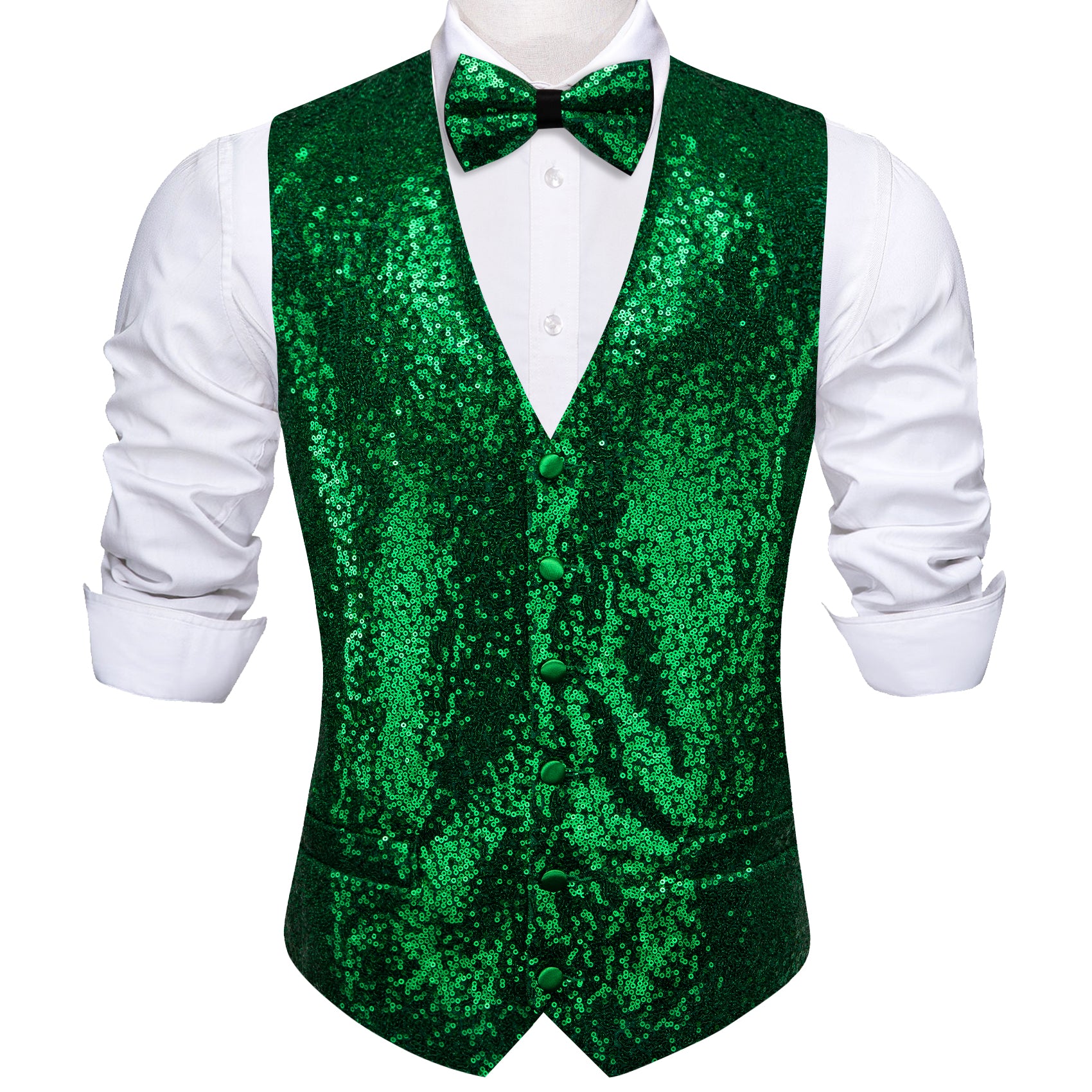 Men's Green Sequins Silk Bow tie Waistcoat Vest Set
