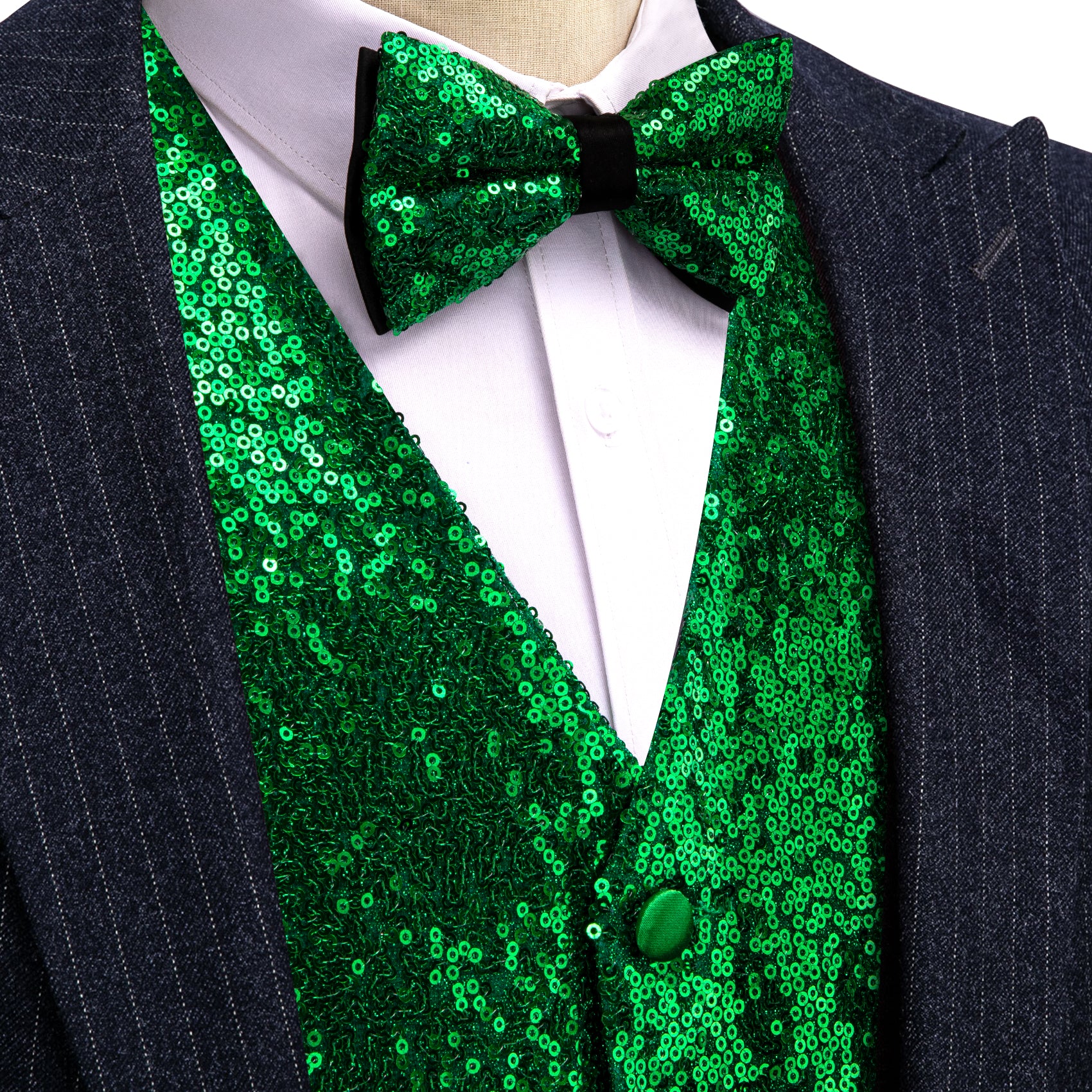Men's Green Sequins Silk Bow tie Waistcoat Vest Set