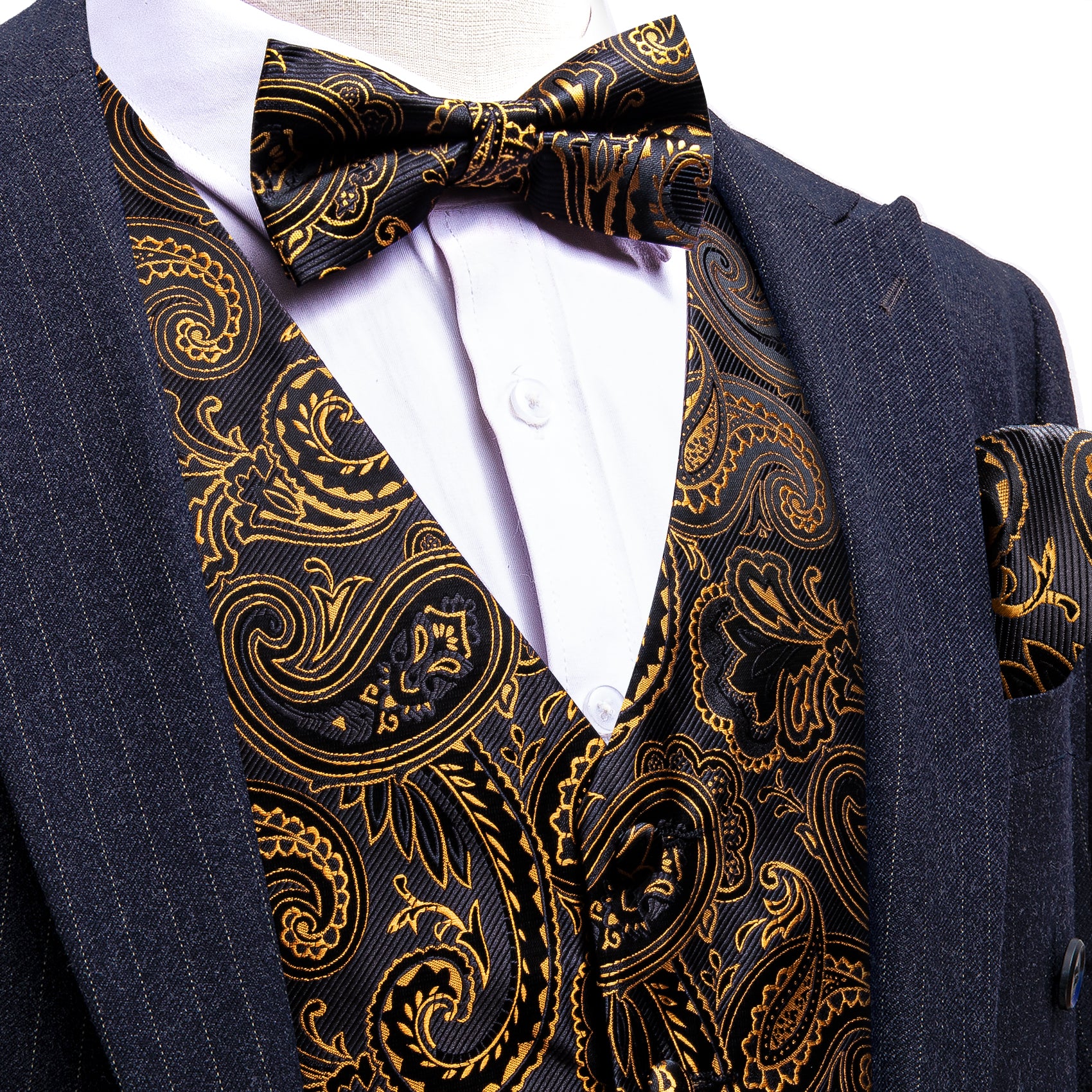 Men's Black Gold Paisley Silk Vest Bow tie Pocket square Cufflinks Set