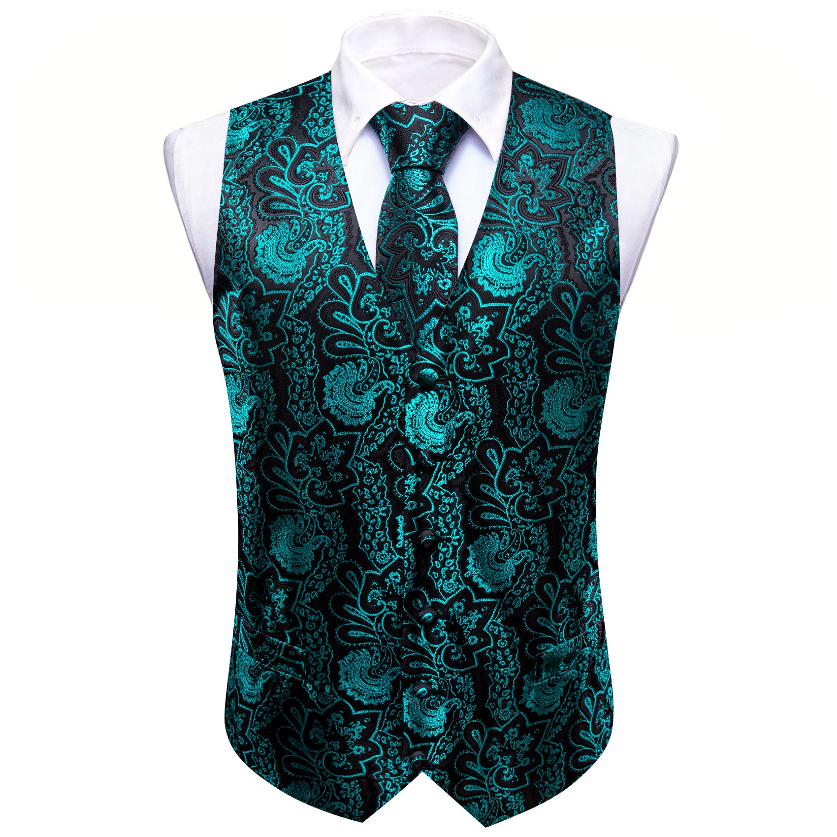 Blue Black Paisley Silk Vest Necktie Pocket Square Cufflinks Set