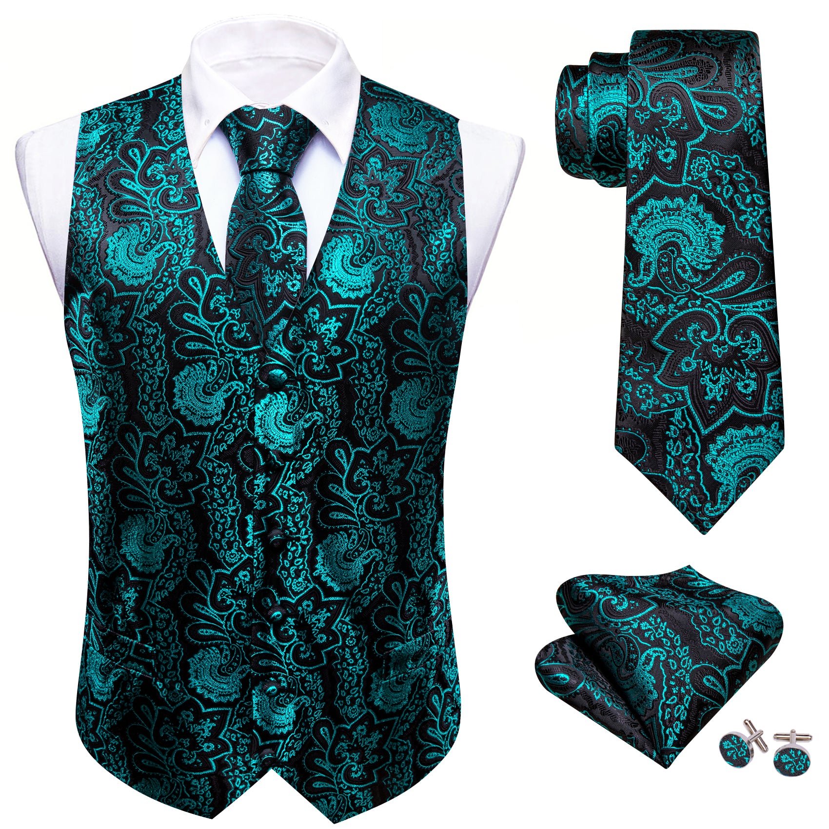 Blue Black Paisley Silk Vest Necktie Pocket Square Cufflinks Set