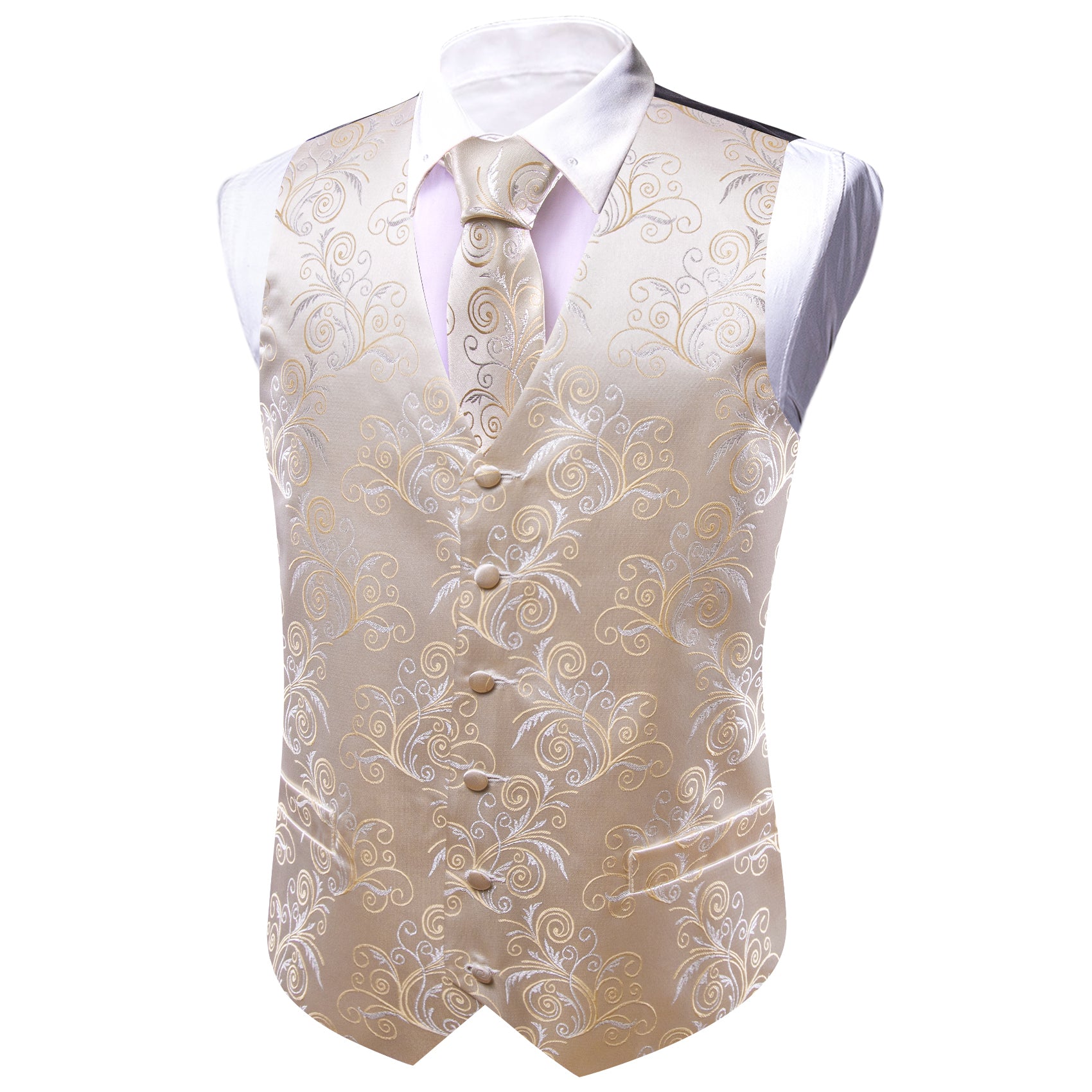 Linen Gold Floral Silk Vest Necktie Pocket Square Cufflinks Set