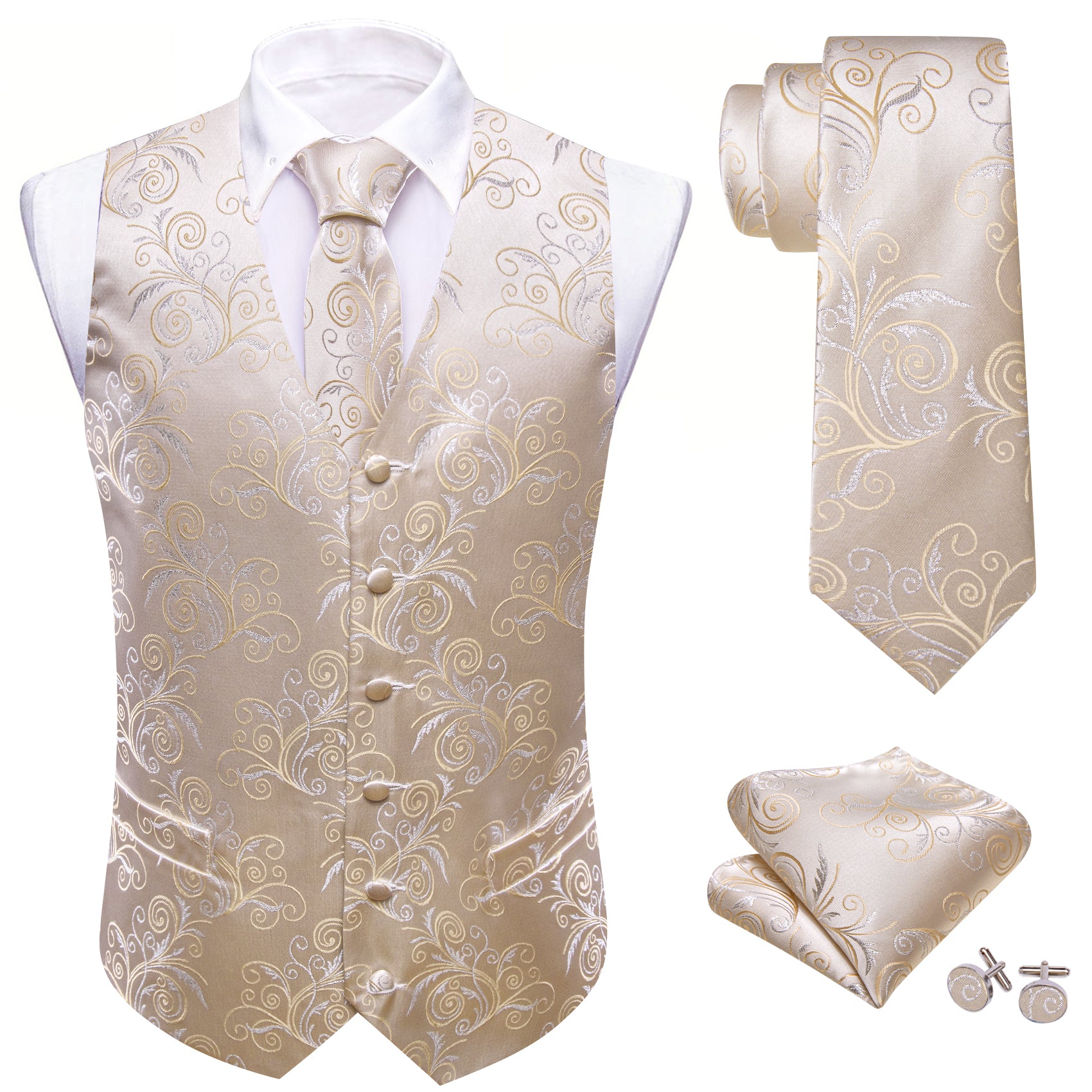 Linen Gold Floral Silk Vest Necktie Pocket Square Cufflinks Set