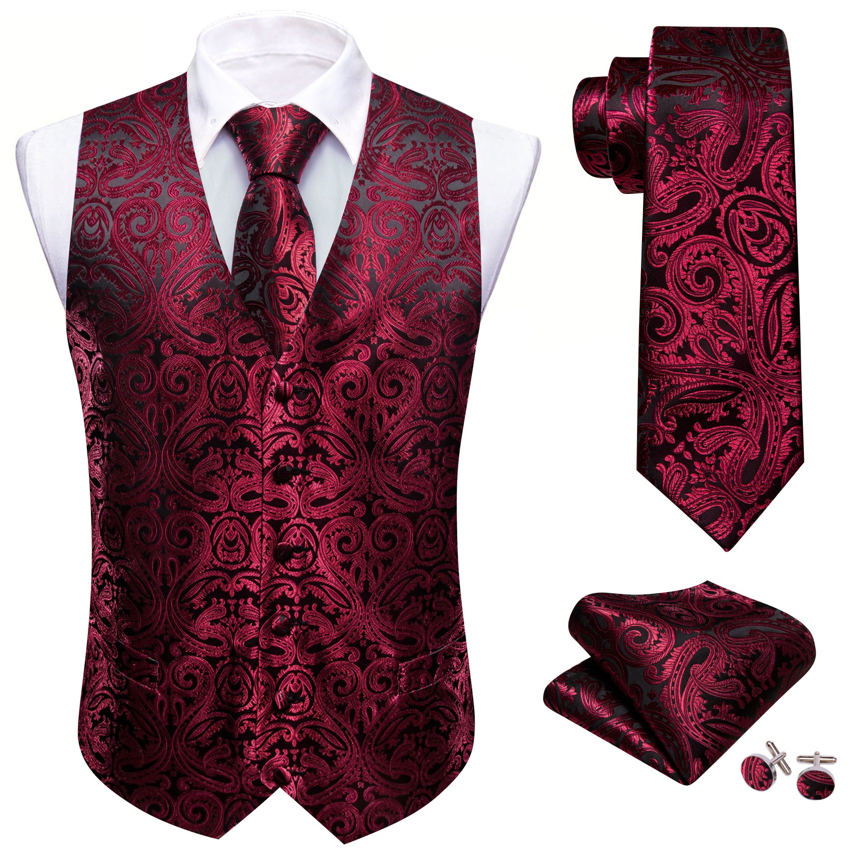 Barry.wang Men's Vest Burgundy Black Jacquard Paisley Silk Vest Necktie Set