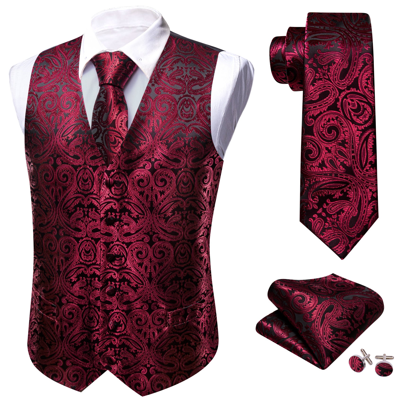 DiBanGu Men's Silk Paisley Dress Shirt - Woven Long Sleeve Button Down With Collar Pin, Burgundy, X-Large