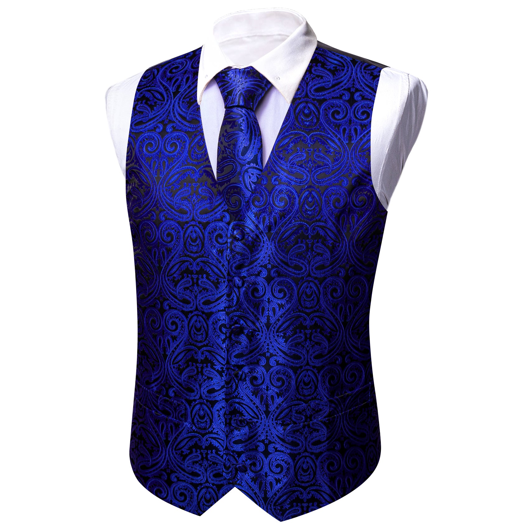 Cobalt Blue Black Paisley Silk Vest Tie Pocket square Cufflinks Set