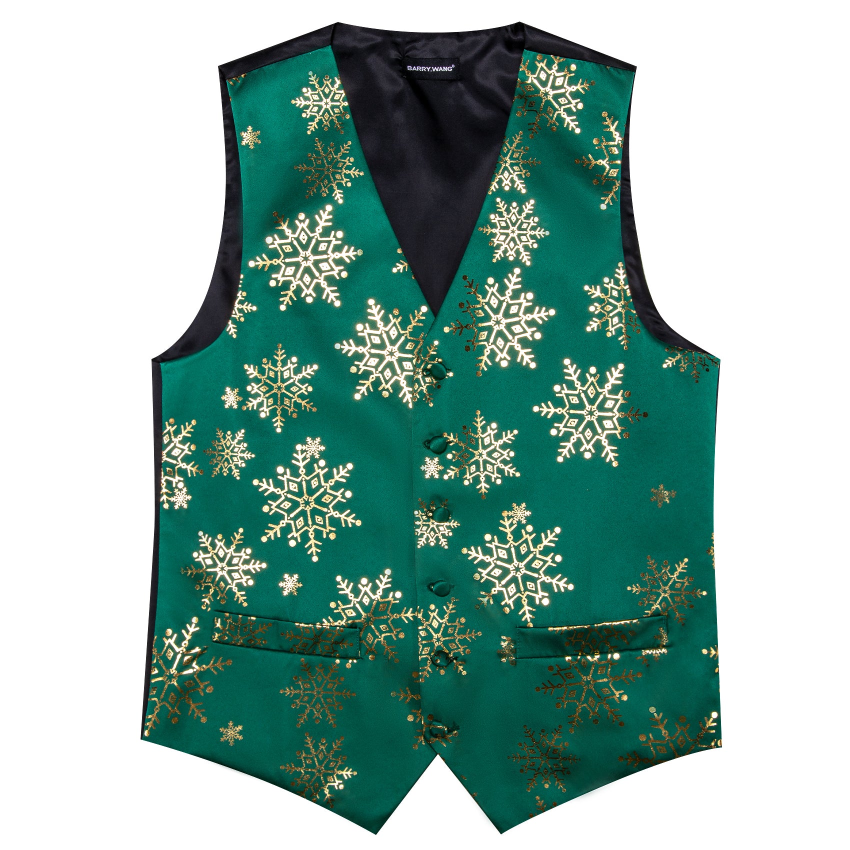 Christmas Green Gold Snowflake Silk Vest Necktie Pocket Square Cufflinks Set
