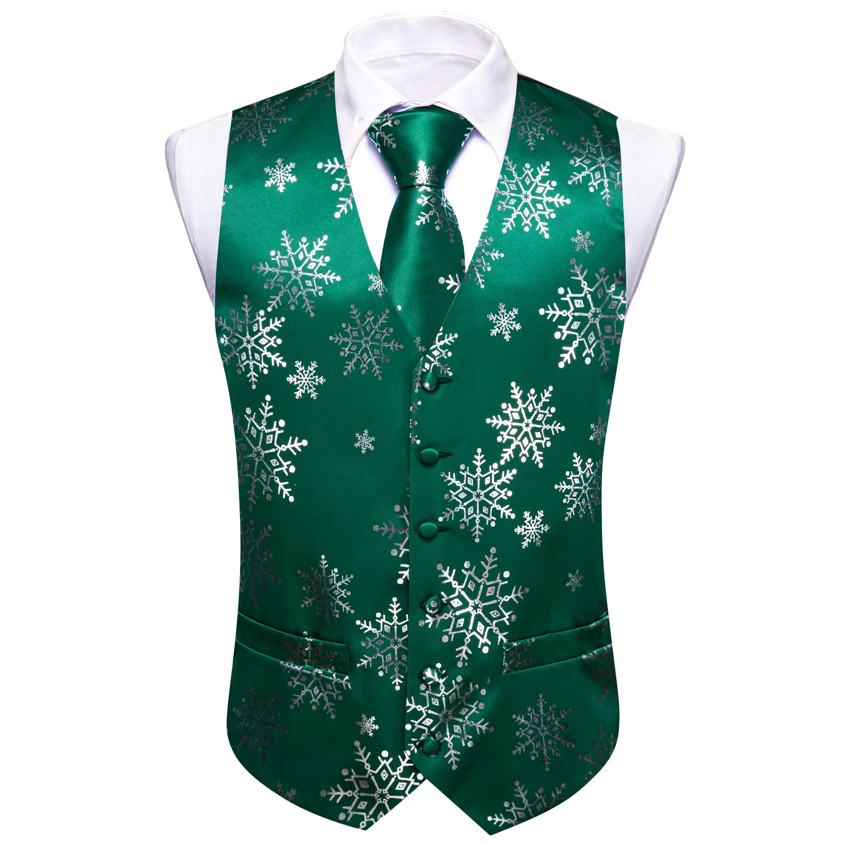 Christmas Green White Xmas Snowflake Waistcoat Vest Tie Hanky Cufflinks Set
