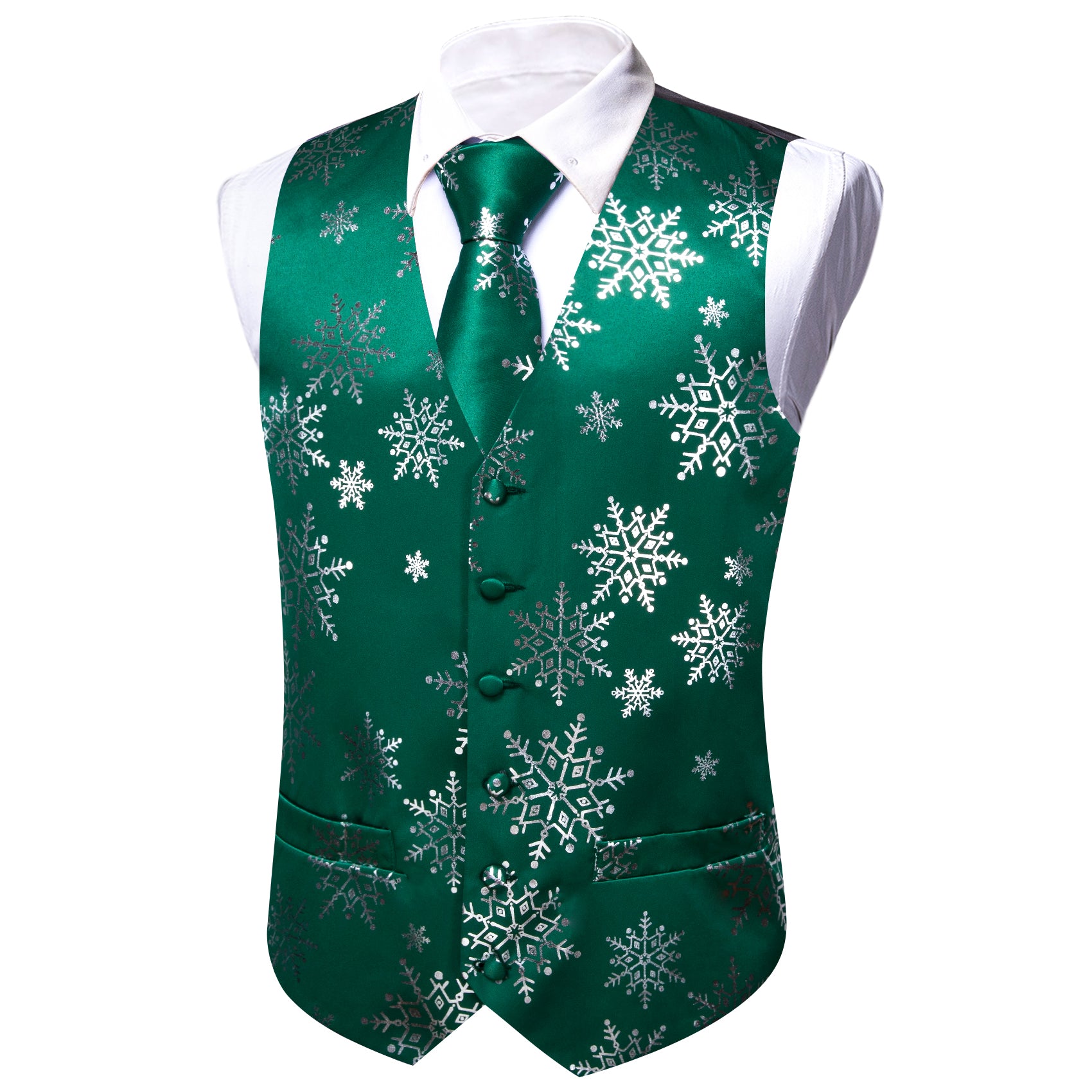 Christmas Green White Xmas Snowflake Waistcoat Vest Tie Hanky Cufflinks Set