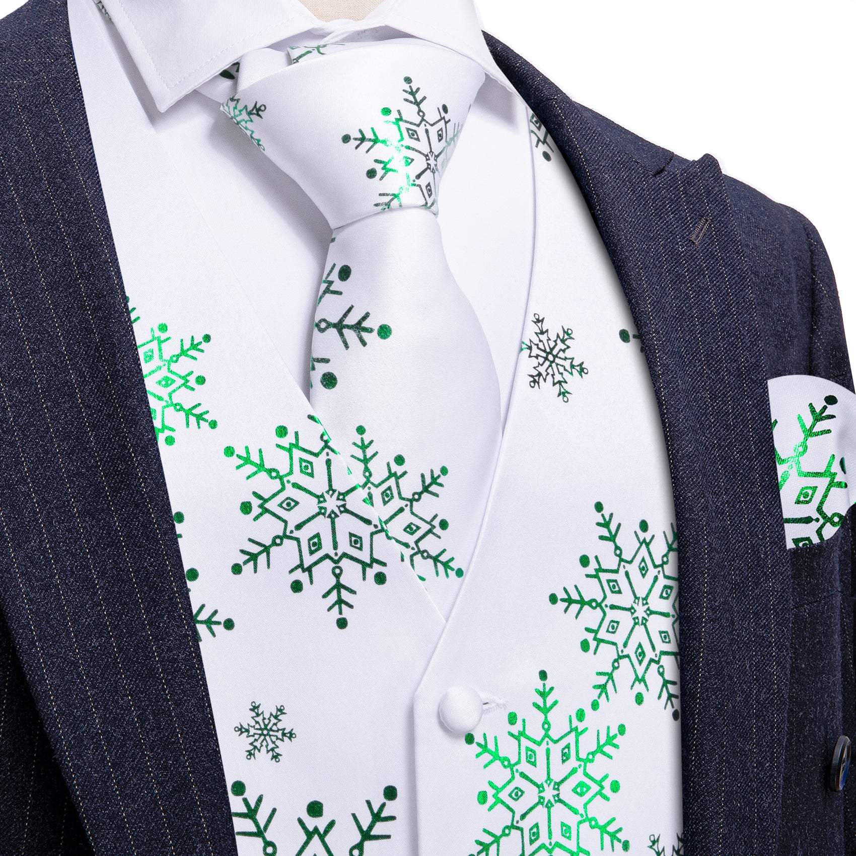 Christmas White Green Xmas Snowflake Waistcoat Vest Tie Hanky Cufflinks Set