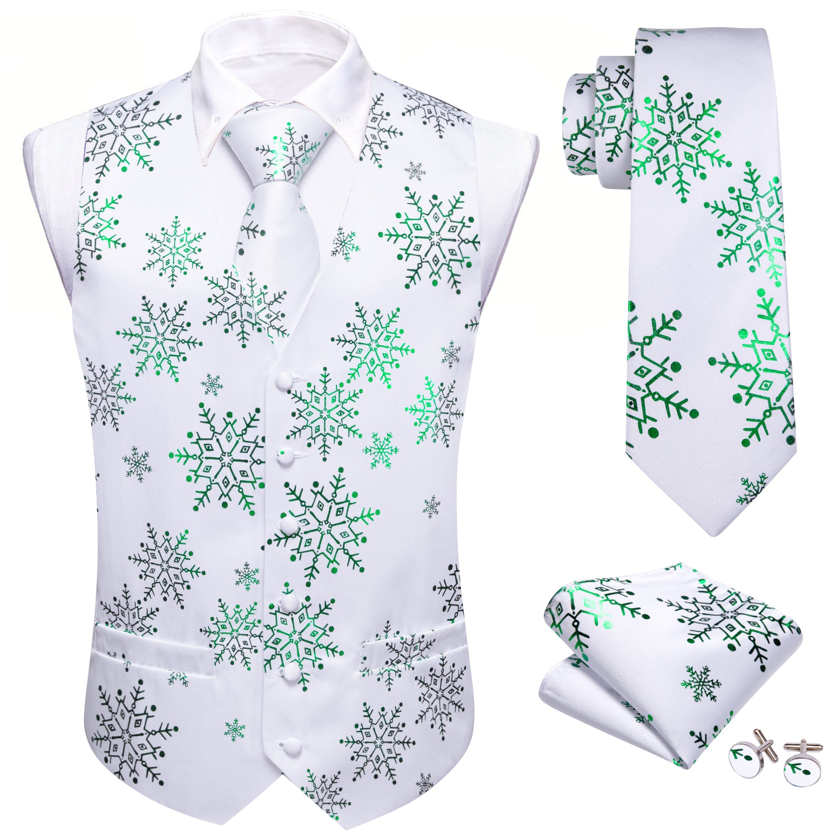 Christmas White Green Xmas Snowflake Waistcoat Vest Tie Hanky Cufflinks Set