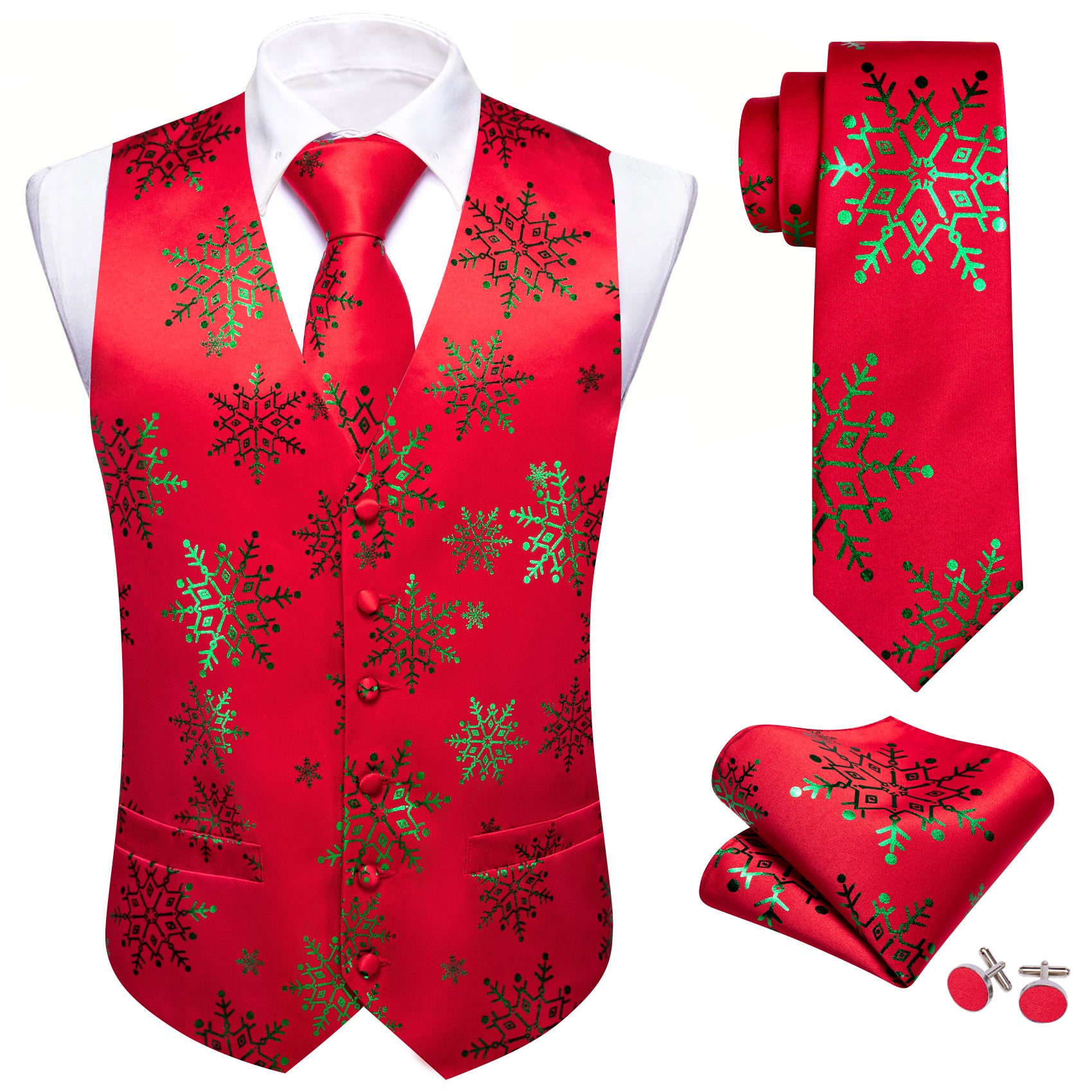 Christmas Green Red Xmas Snowflake Waistcoat Vest Tie Hanky Cufflinks Set