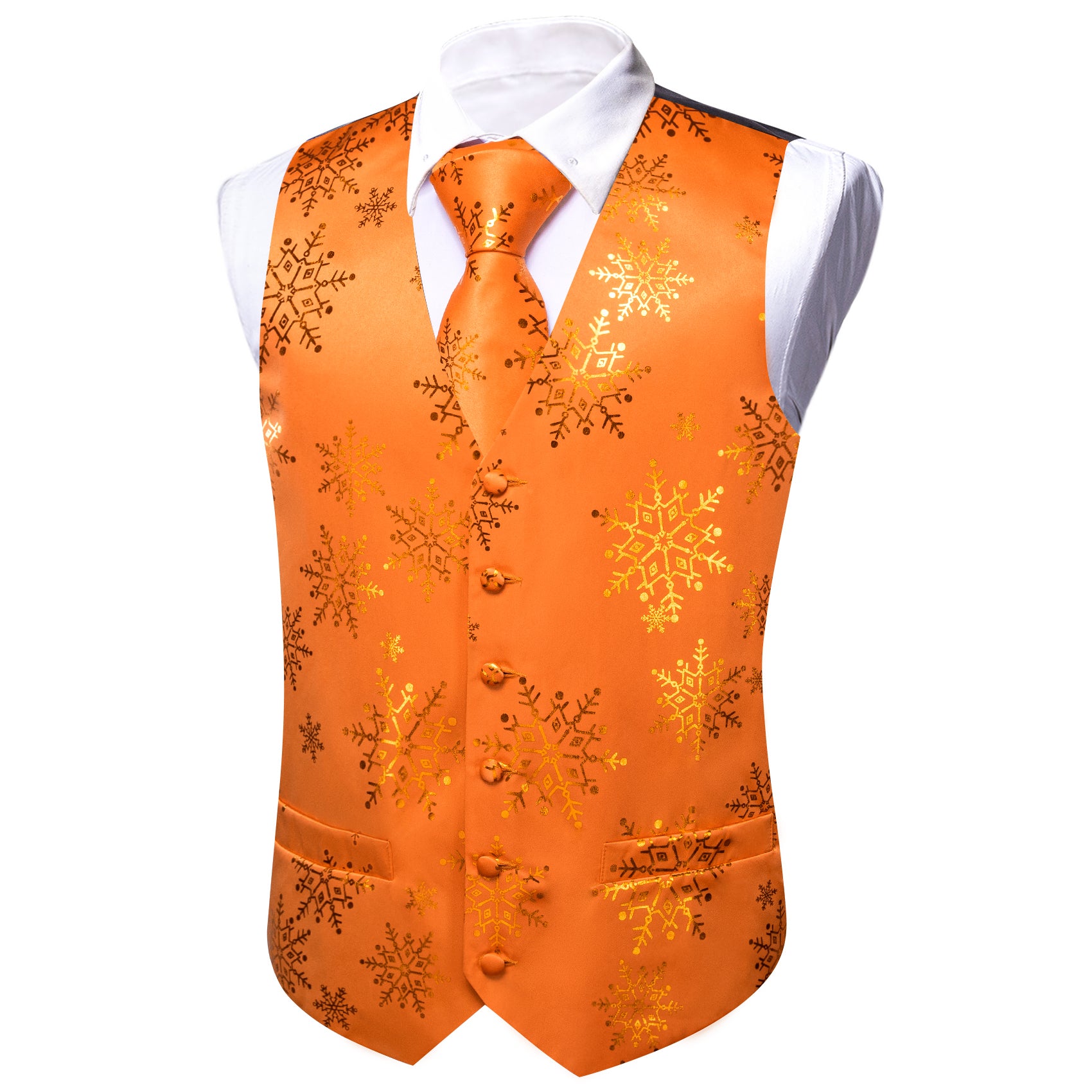 Christmas Orange Gold Xmas Snowflake Waistcoat Vest Tie Hanky Cufflinks Set