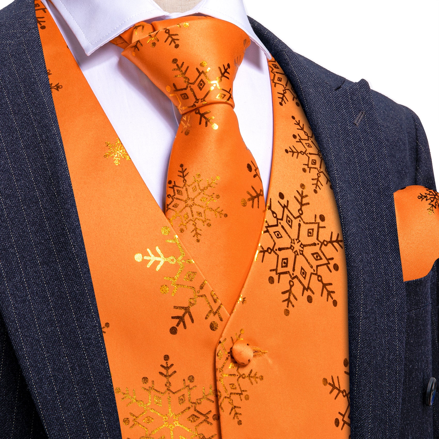 Christmas Orange Gold Xmas Snowflake Waistcoat Vest Tie Hanky Cufflinks Set