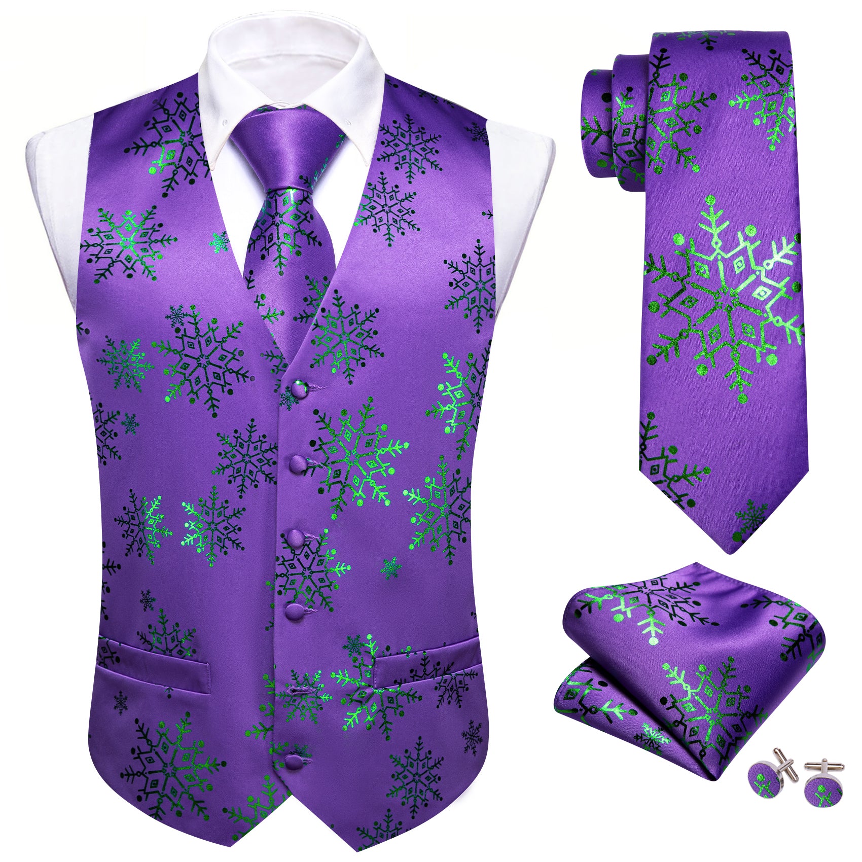 Christmas Purple Green Xmas Snowflake Waistcoat Vest Tie Hanky Cufflinks Set