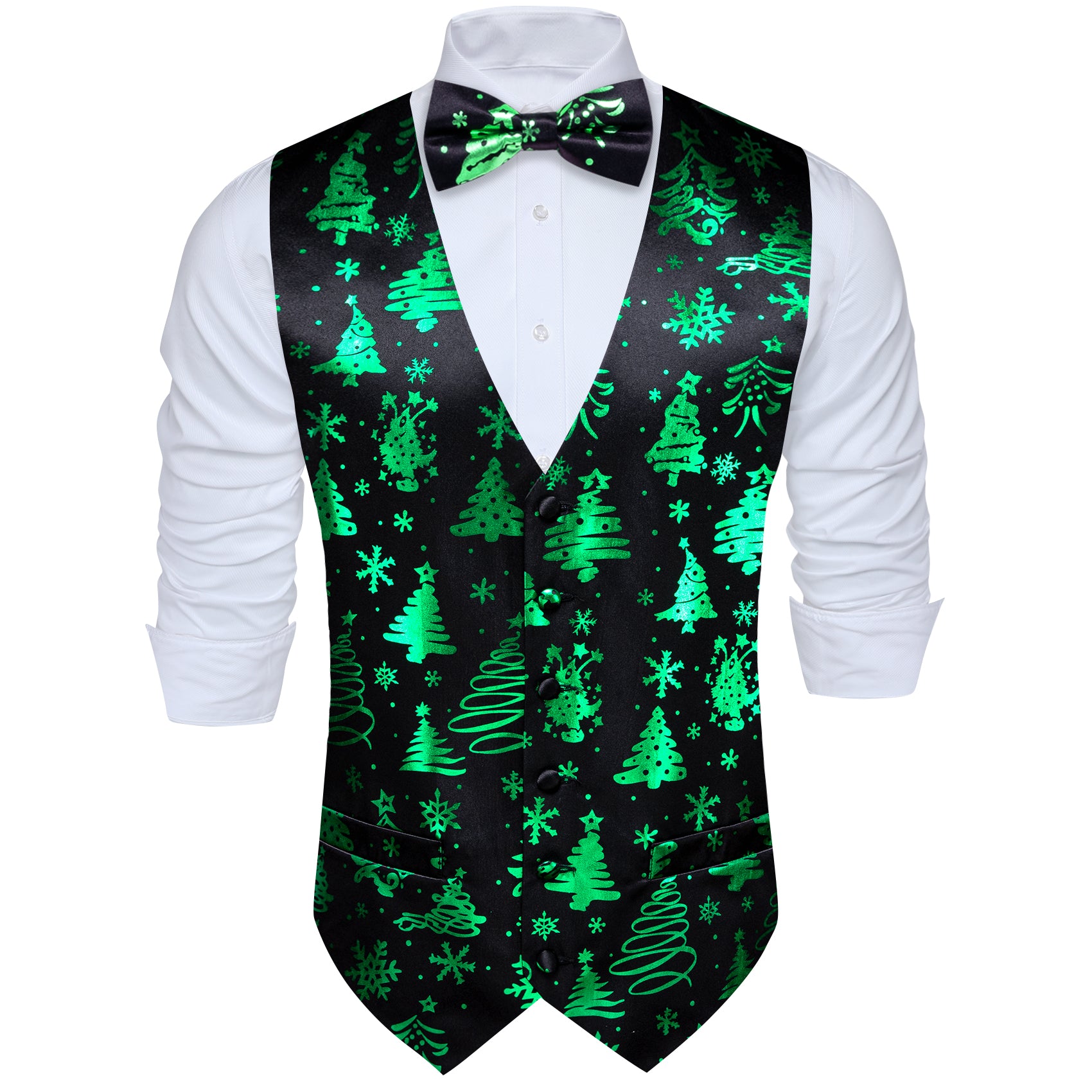 Christmas Black Green Xmas Tree Waistcoat Vest Bowtie Hanky Cufflinks Set