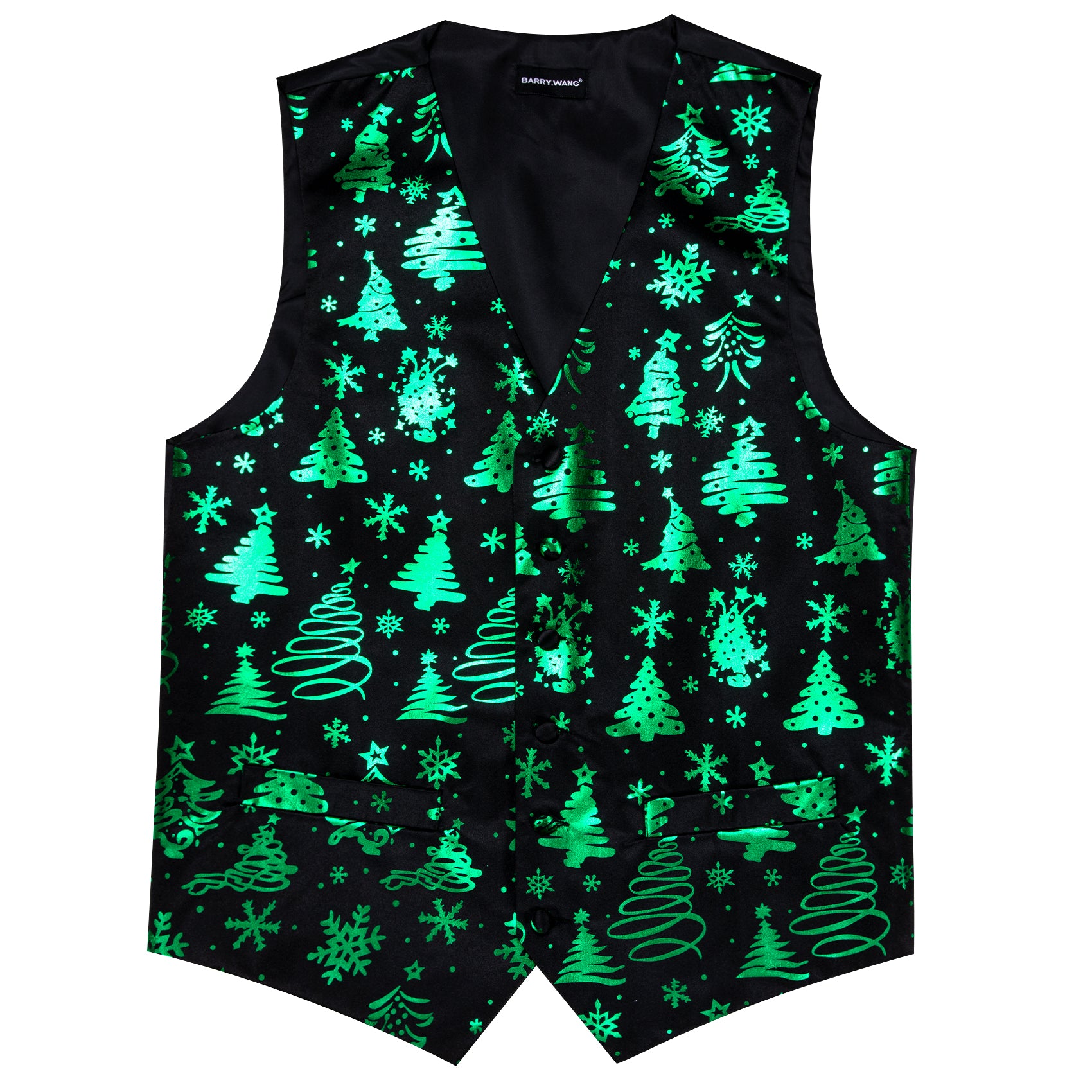 Christmas Black Green Xmas Tree Waistcoat Vest Bowtie Hanky Cufflinks Set