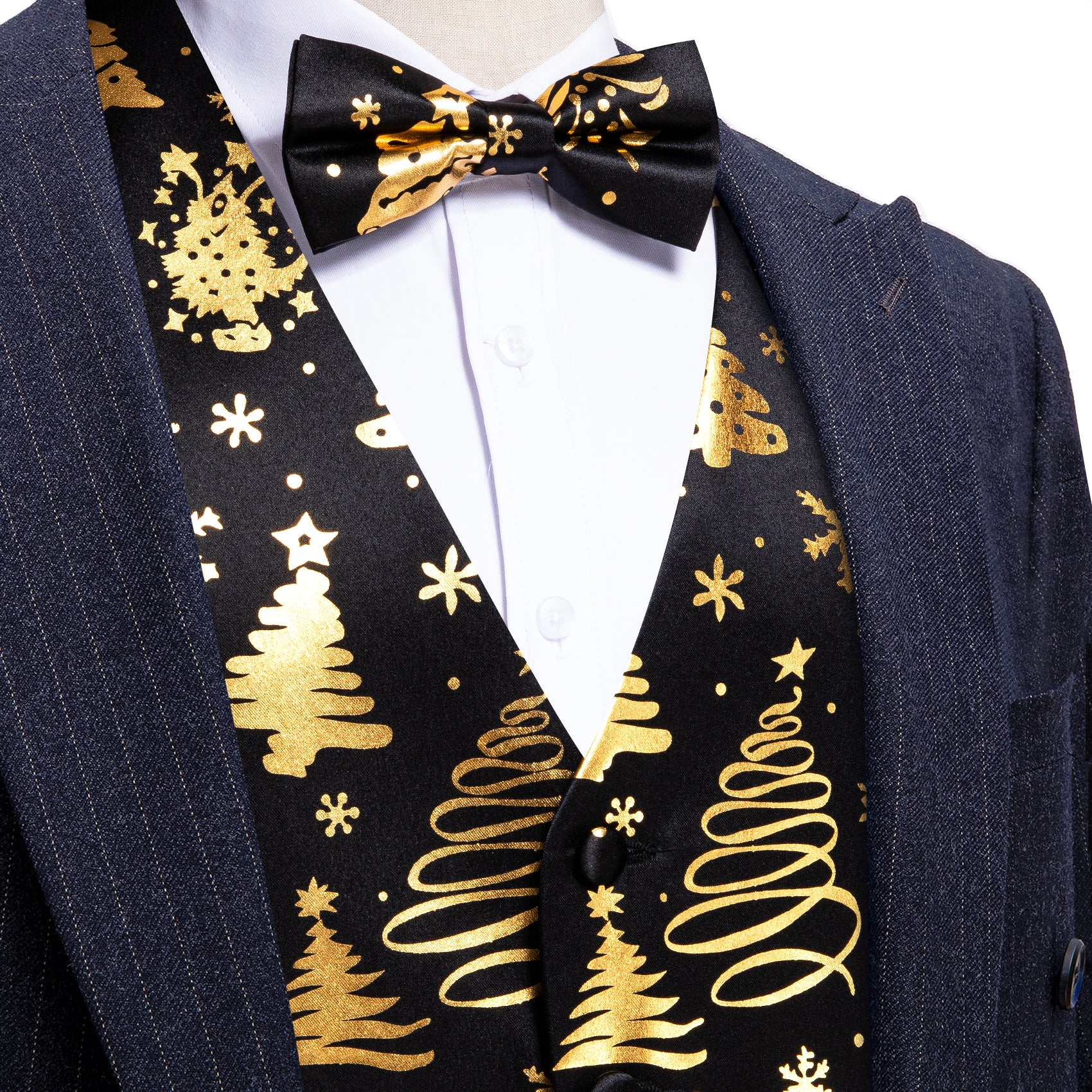 Christmas Black Gold Xmas Pattern Waistcoat Vest Bowtie Set