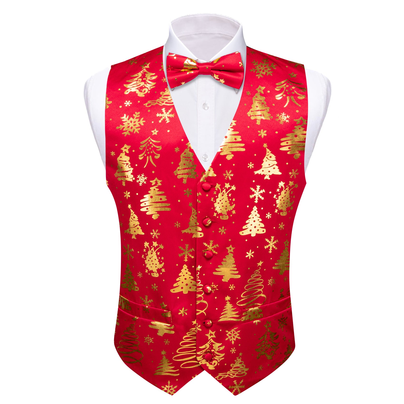Christmas Red Gold Xmas Pattern Waistcoat Vest Bowtie Set