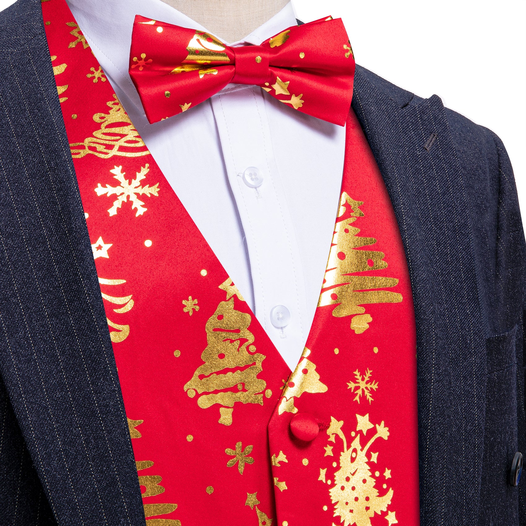 Christmas Red Gold Xmas Pattern Waistcoat Vest Bowtie Set