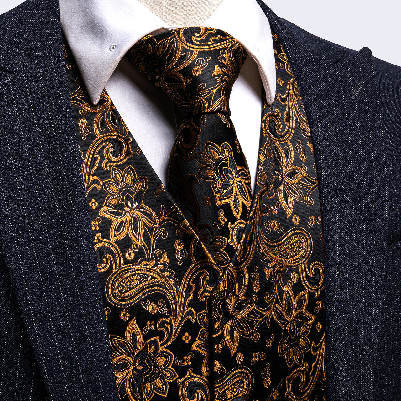 Men's Black Gold Floral Silk Vest Tie Set