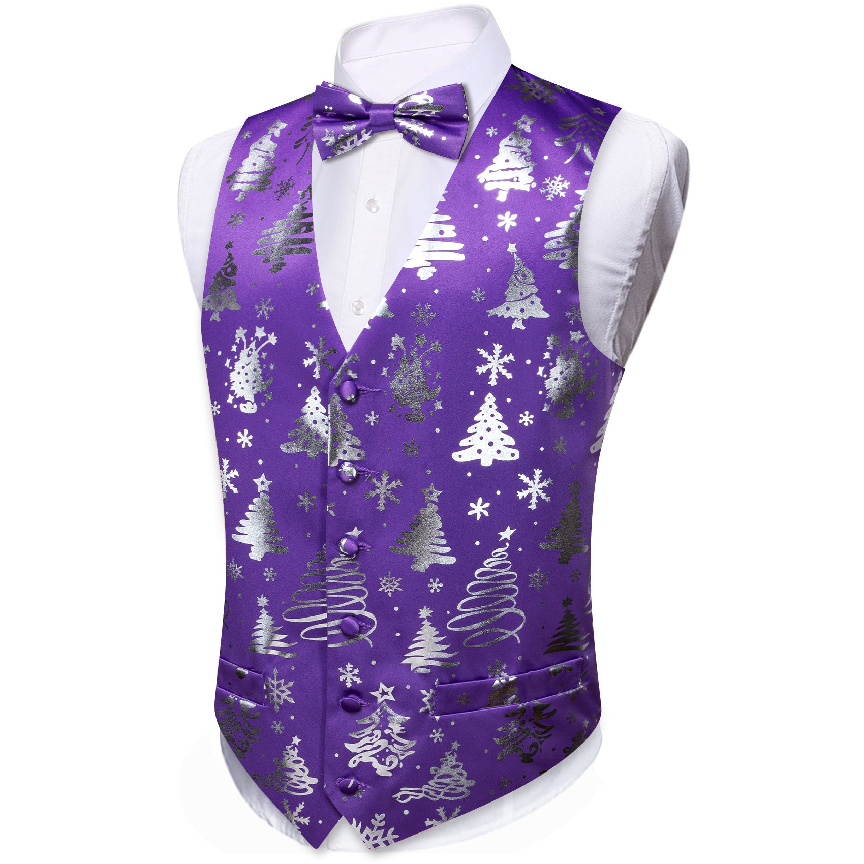 Christmas Purple Silver Xmas Pattern Waistcoat Vest Bowtie Set