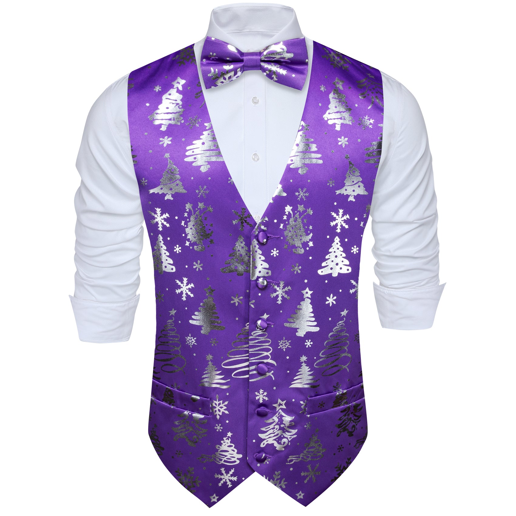 Christmas Purple Silver Xmas Pattern Waistcoat Vest Bowtie Set