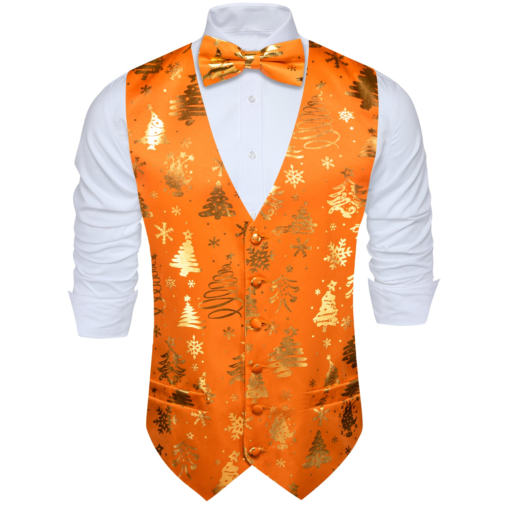 Christmas Orange Gold Xmas Pattern Waistcoat Vest Bowtie Set