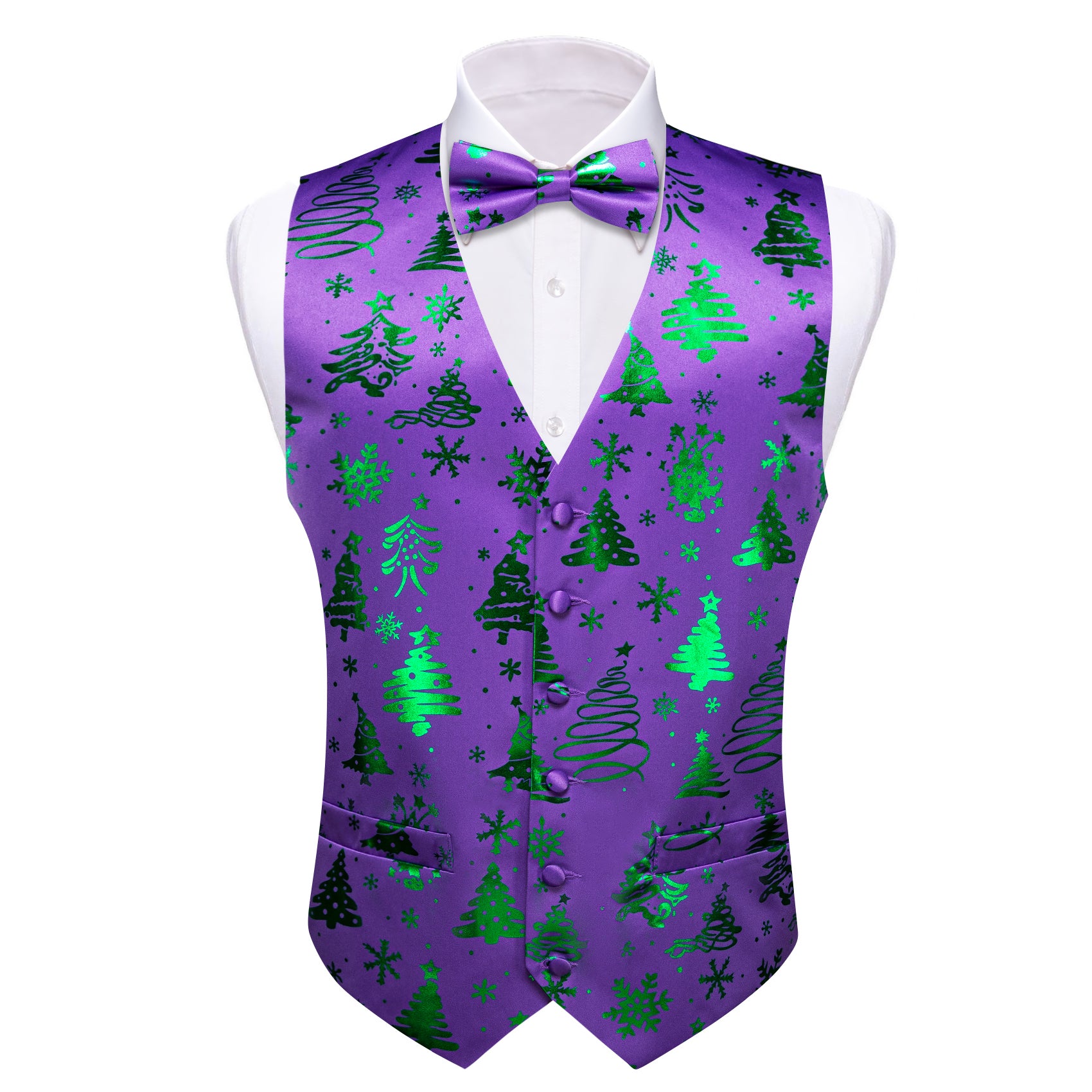 Christmas Purple Green Xmas Pattern Waistcoat Vest Bowtie Set