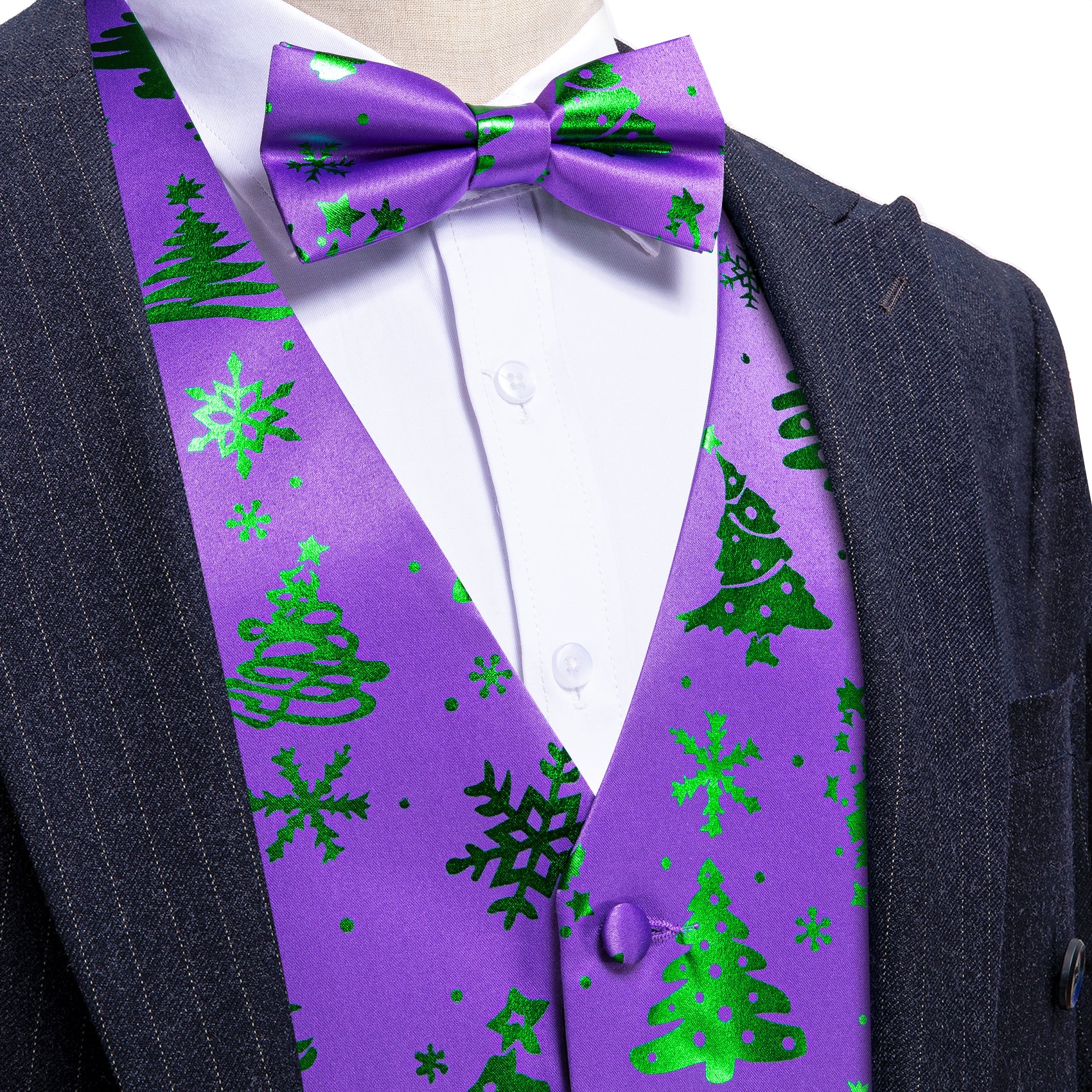 Christmas Purple Green Xmas Pattern Waistcoat Vest Bowtie Set