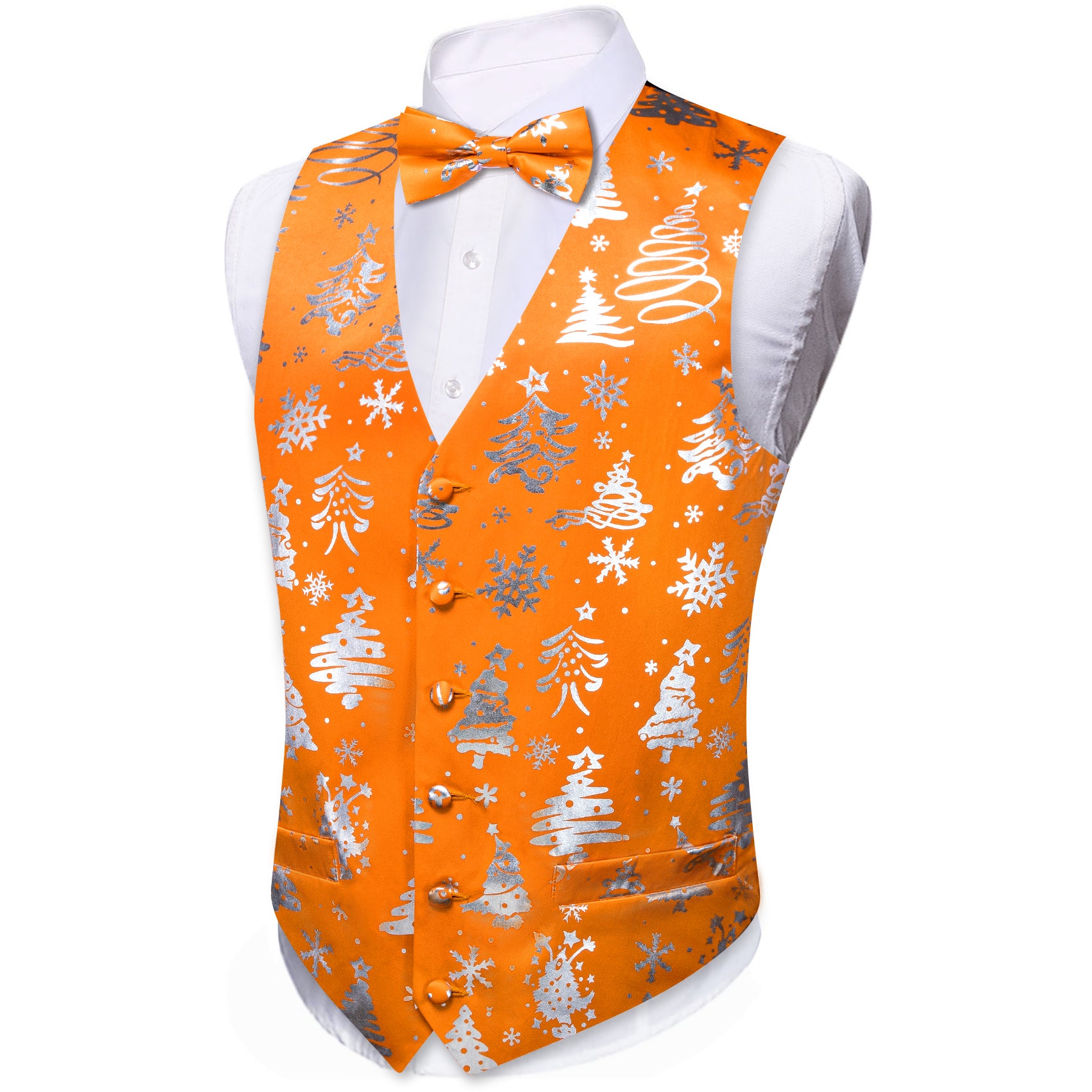 Christmas Orange Silver Xmas Pattern Waistcoat Vest Bowtie Set