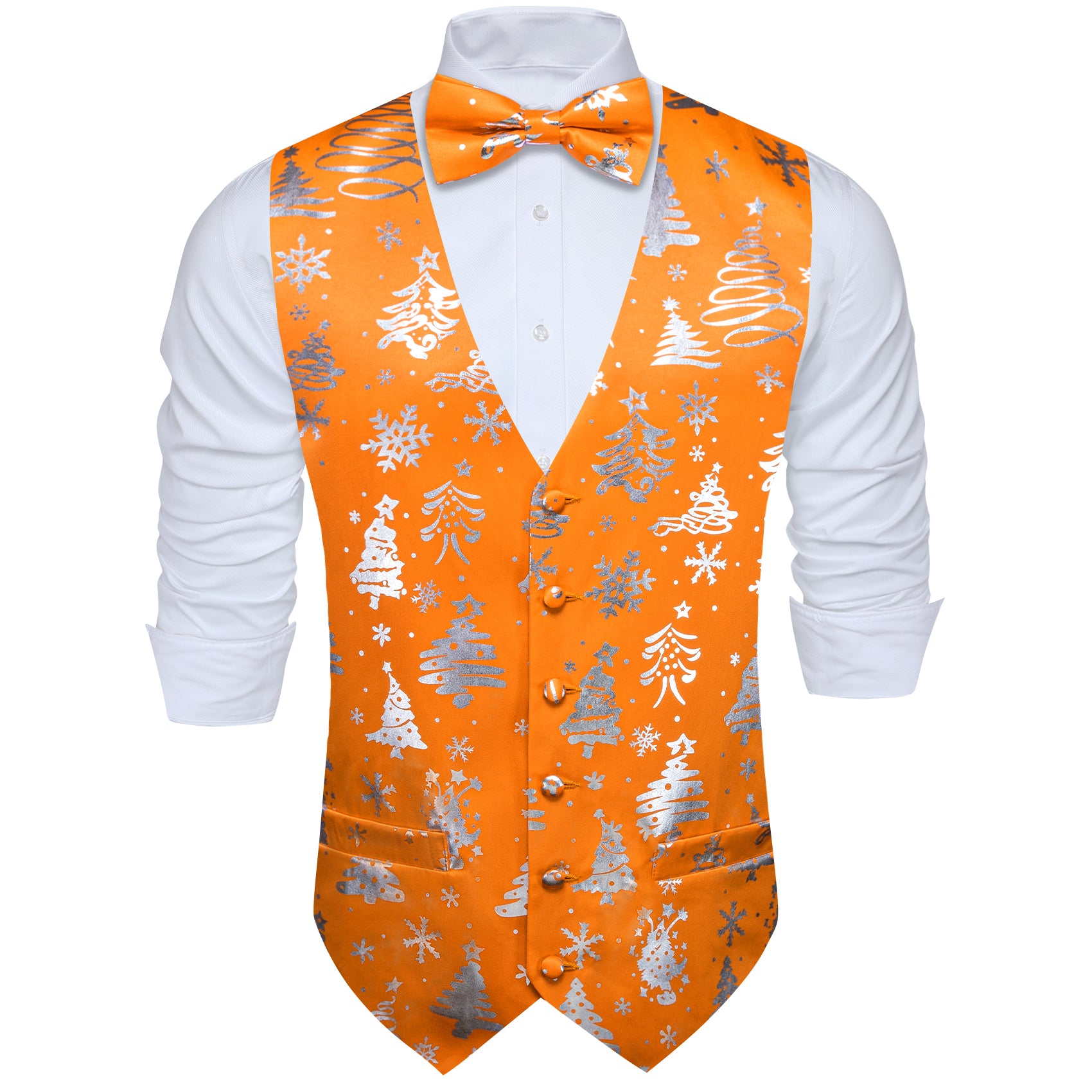 Christmas Orange Silver Xmas Pattern Waistcoat Vest Bowtie Set