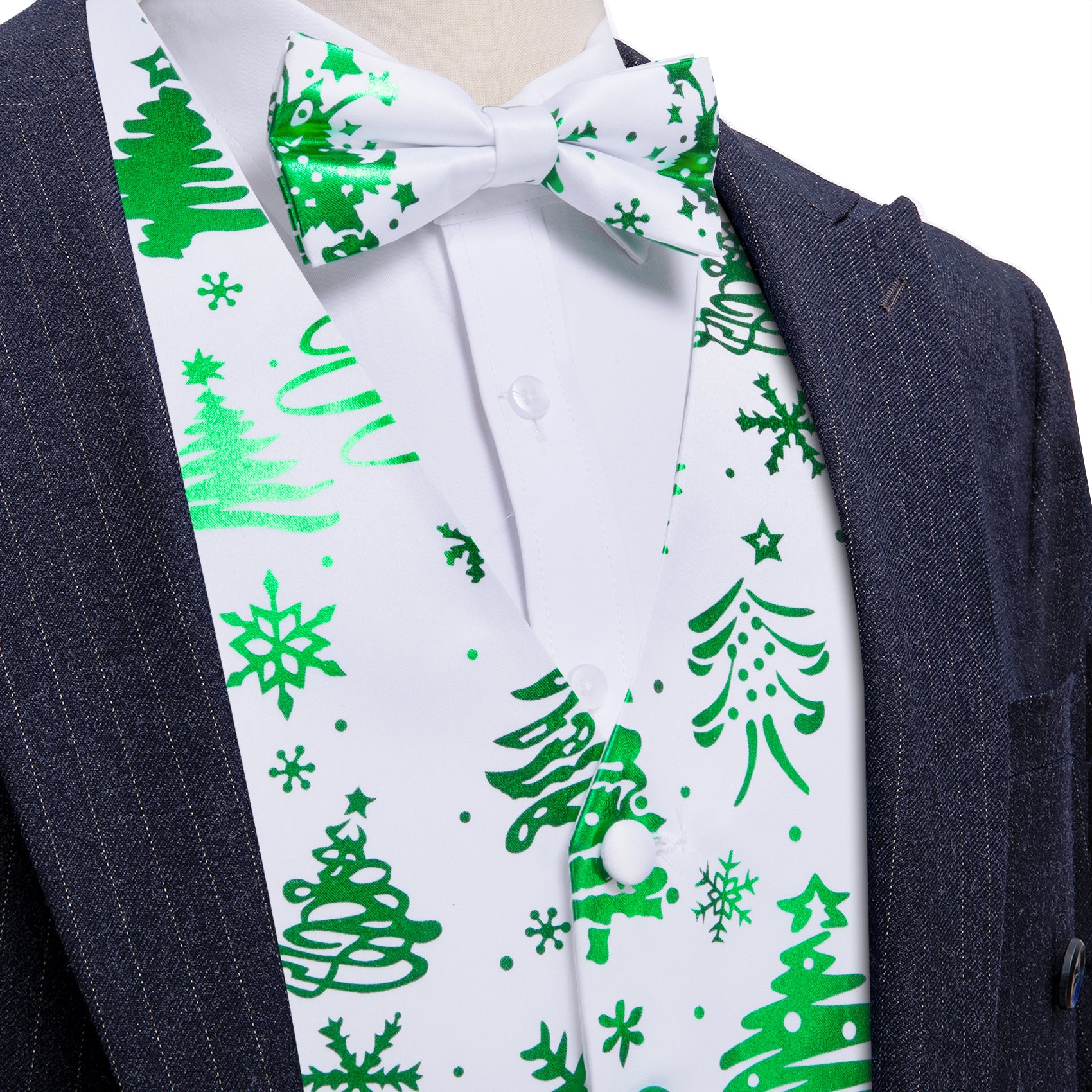 Christmas White Green Xmas Pattern Waistcoat Vest Bowtie Set