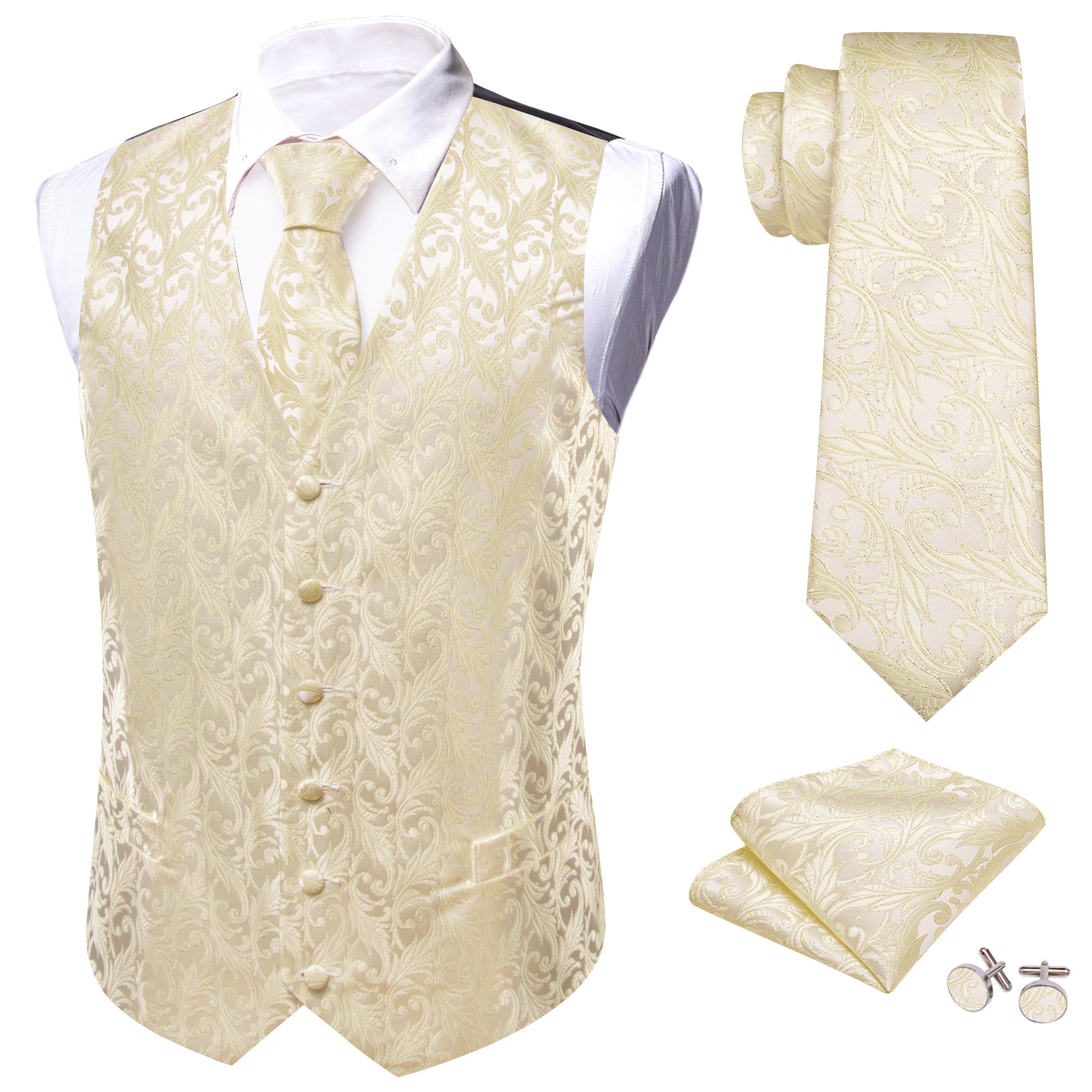 Vanilla Paisley Silk Vest Necktie Pocket Square Cufflinks Set