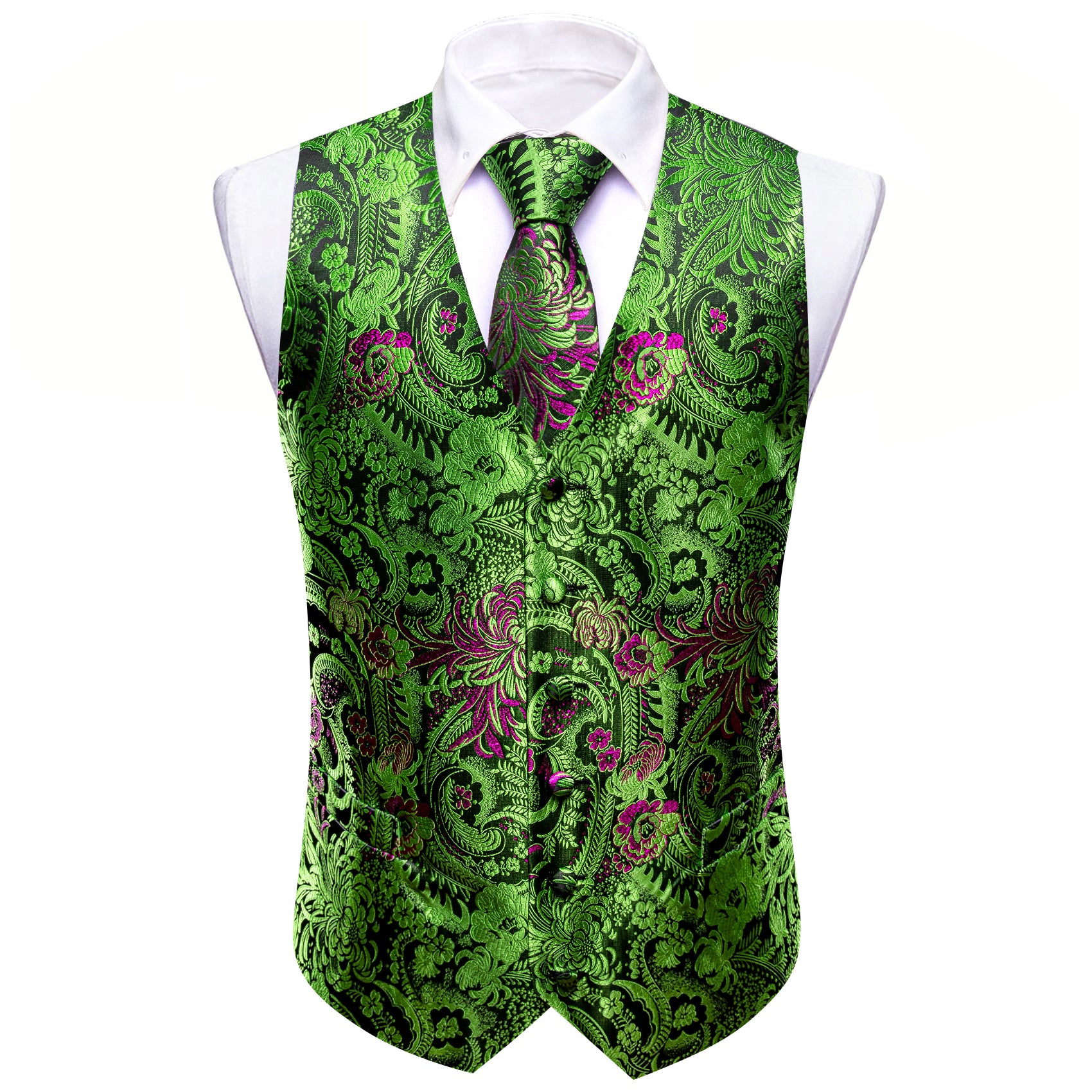 Green Purple Paisley Silk Vest Necktie Pocket Square Cufflinks Set
