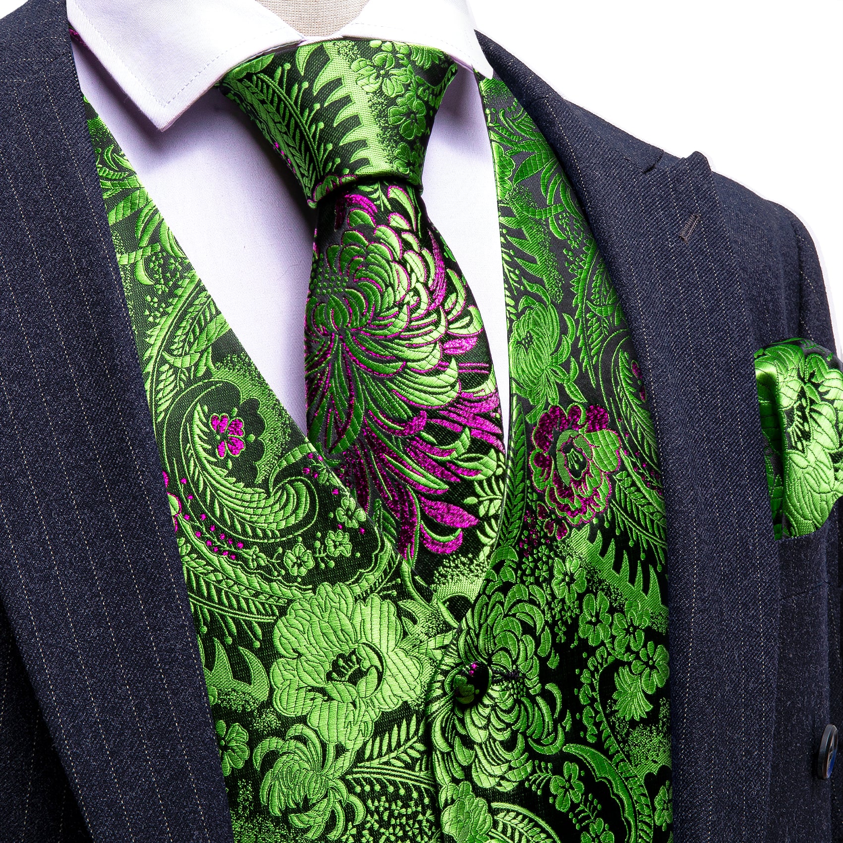 Green Purple Paisley Silk Vest Necktie Pocket Square Cufflinks Set