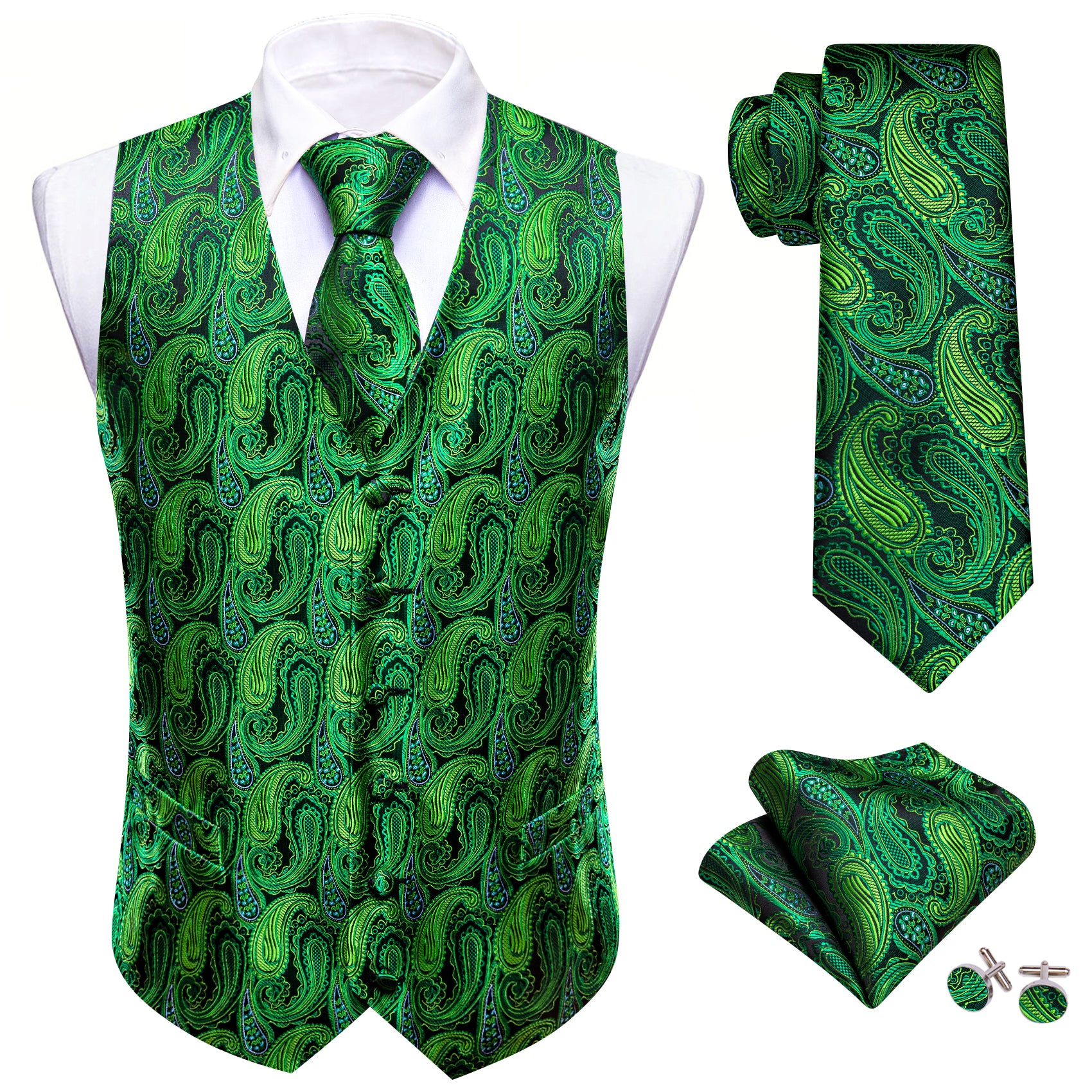 Cobalt Green Paisley Silk Vest Necktie Pocket Square Cufflinks Set