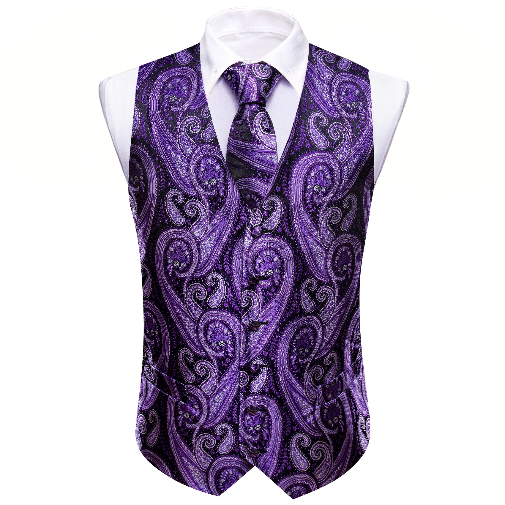 Purple White Paisley Silk Vest Necktie Pocket Square Cufflinks Set