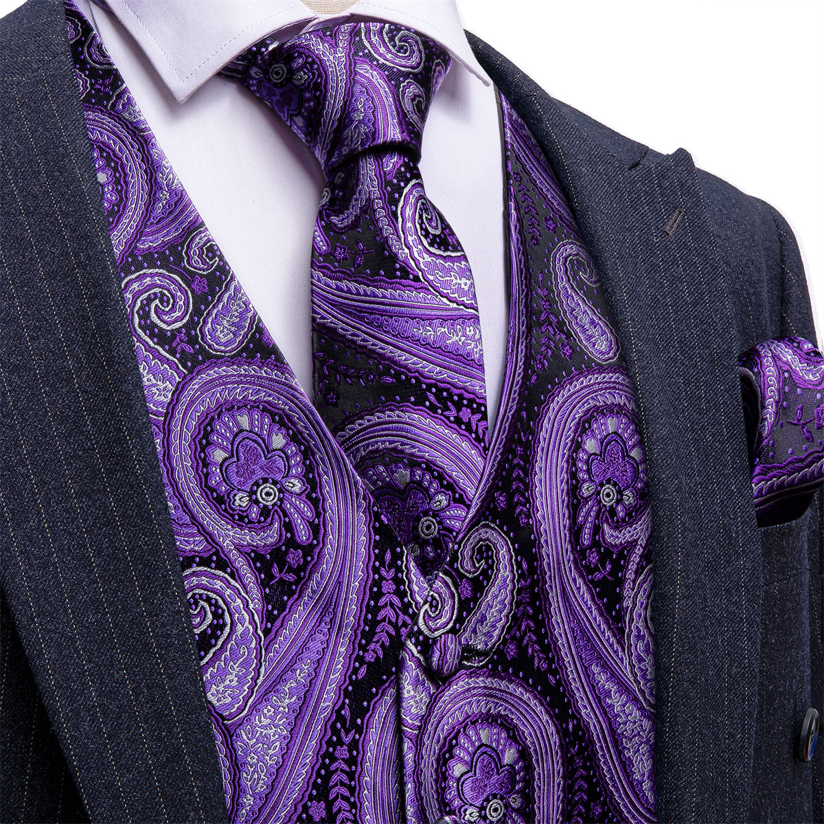 Black suit dark purple paisley suit with vest