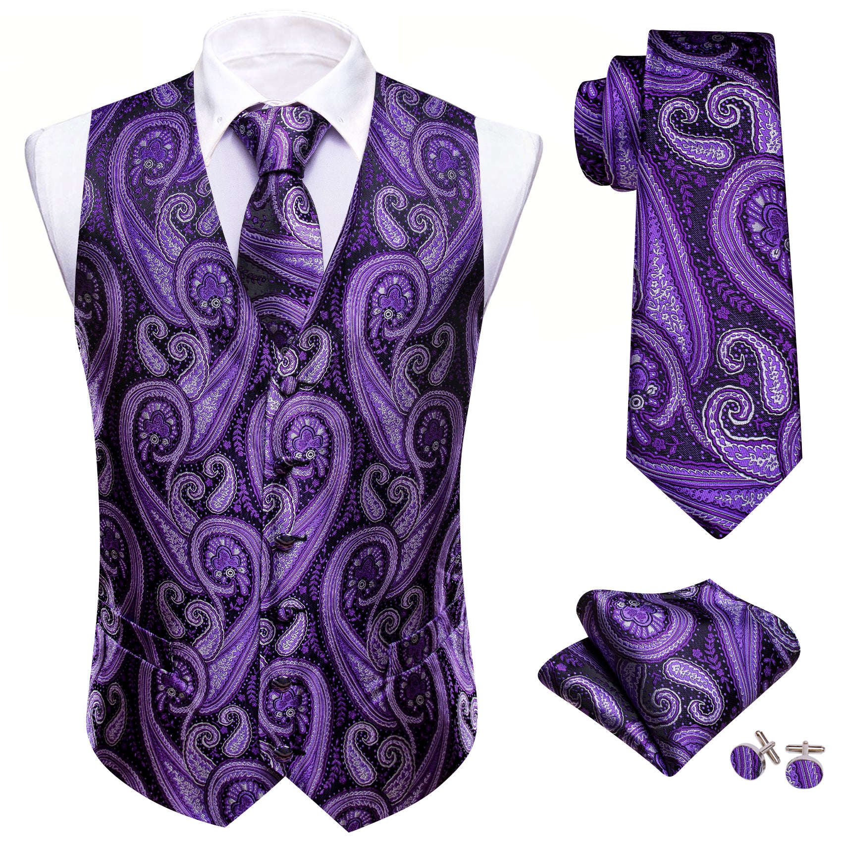 Black dark purple pausley waistcoat  necktie  pocket square and cufflnks 