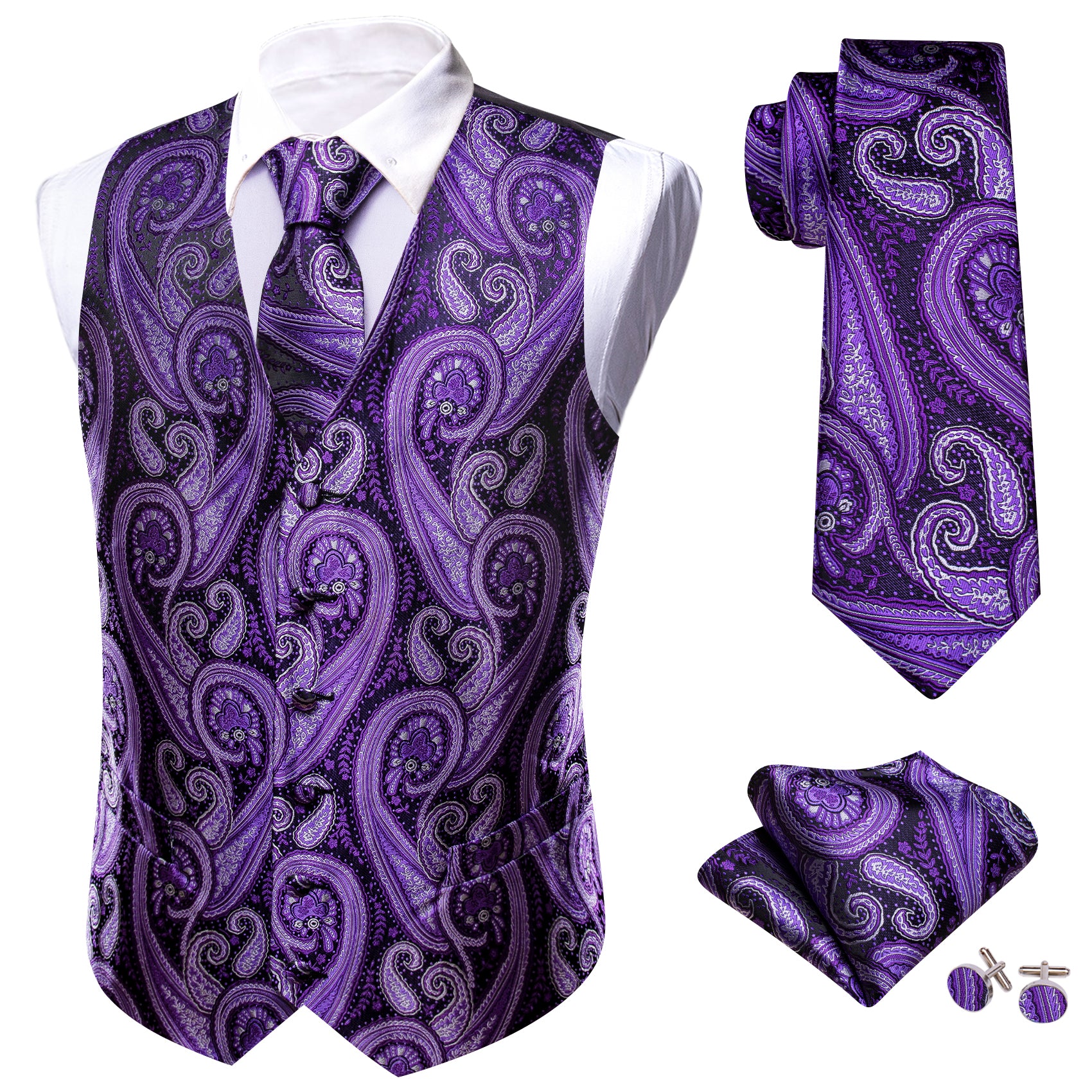 Purple White Paisley Silk Vest Necktie Pocket Square Cufflinks Set
