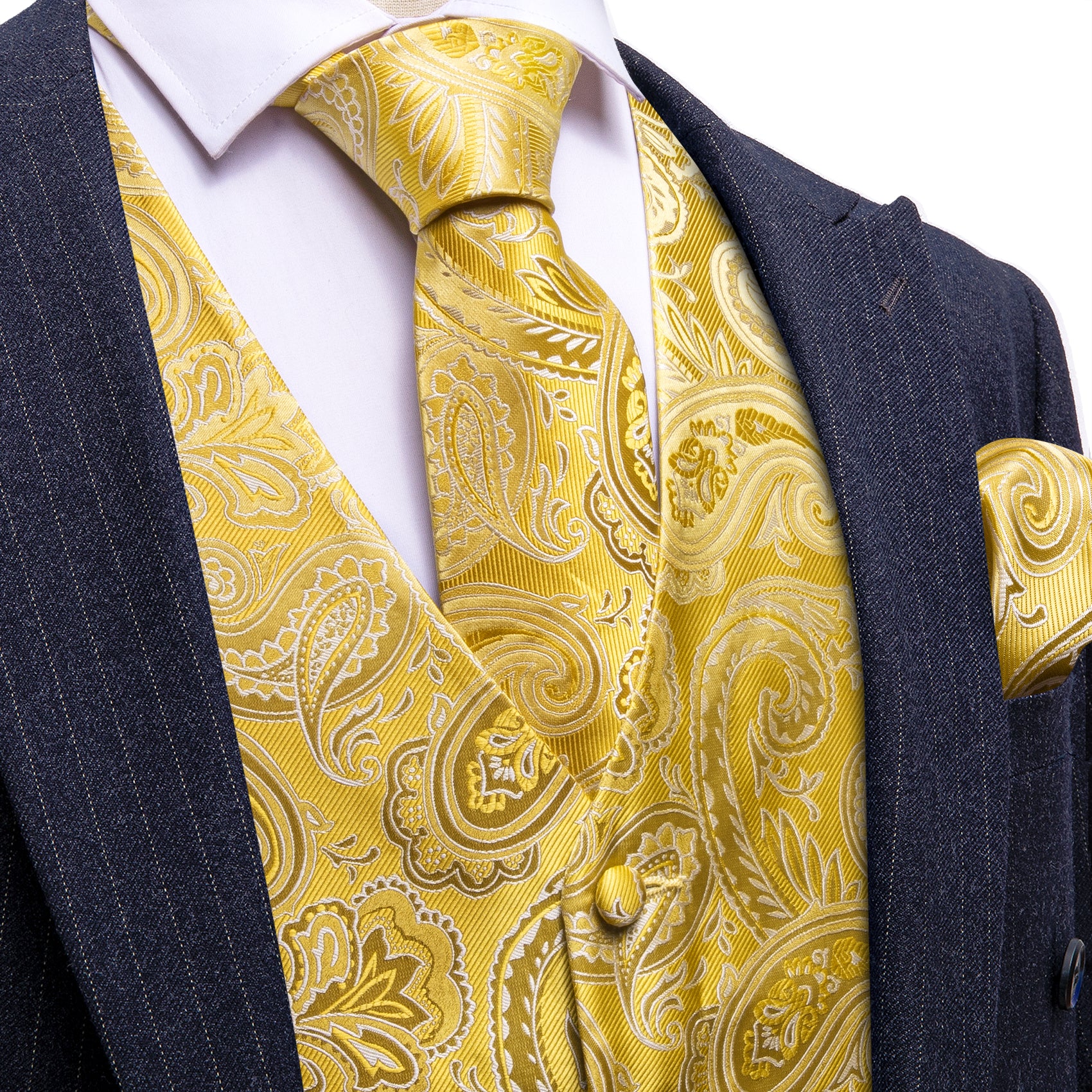 Gold Paisley Silk Vest Necktie Pocket Square Cufflinks Set