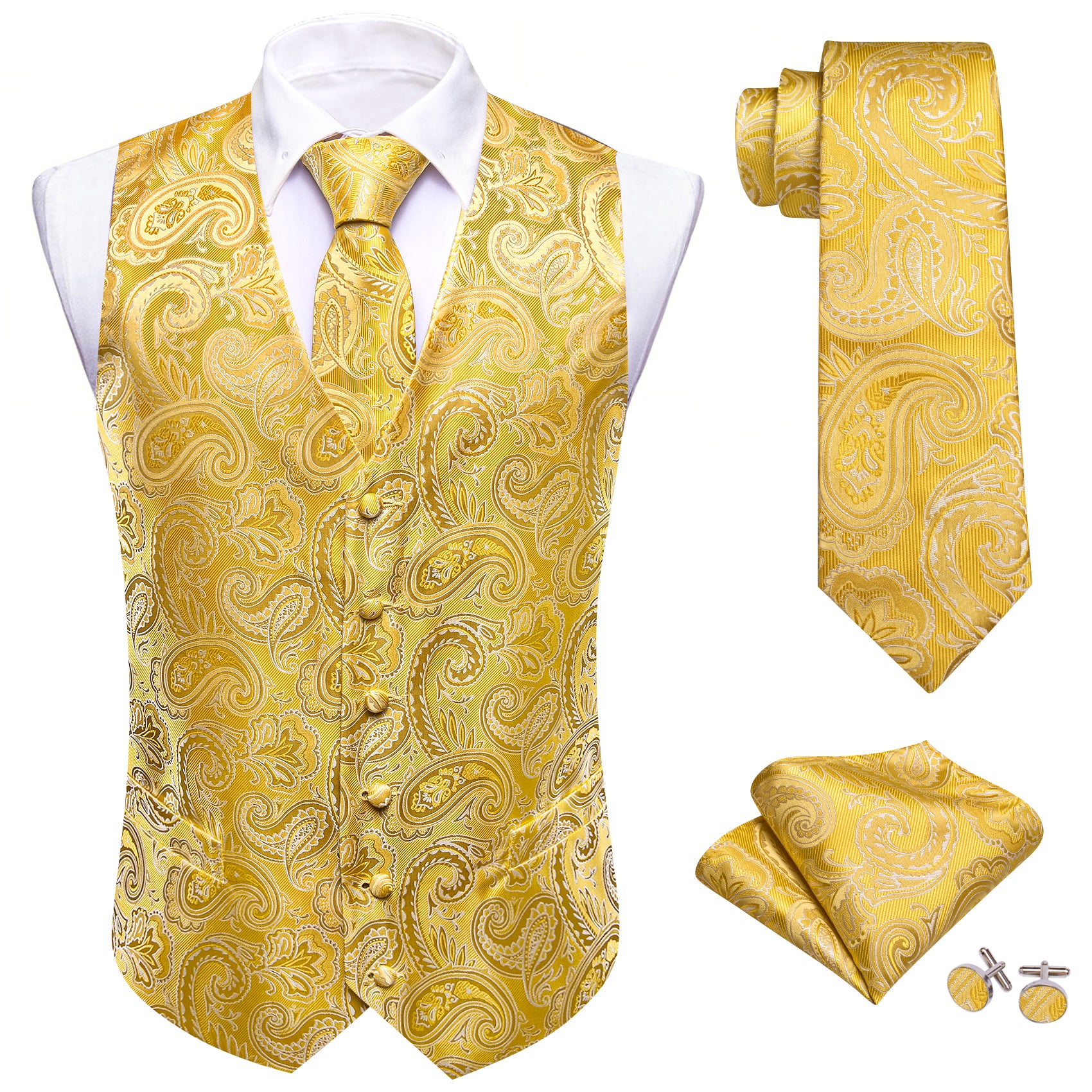 Gold Paisley Silk Vest Necktie Pocket Square Cufflinks Set