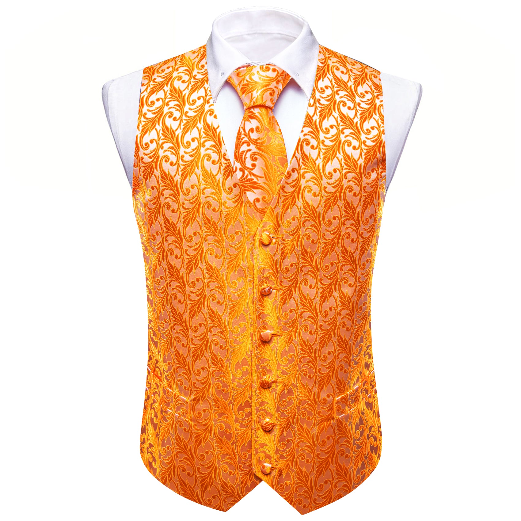 Orange Floral Silk Vest Necktie Pocket Square Cufflinks Set