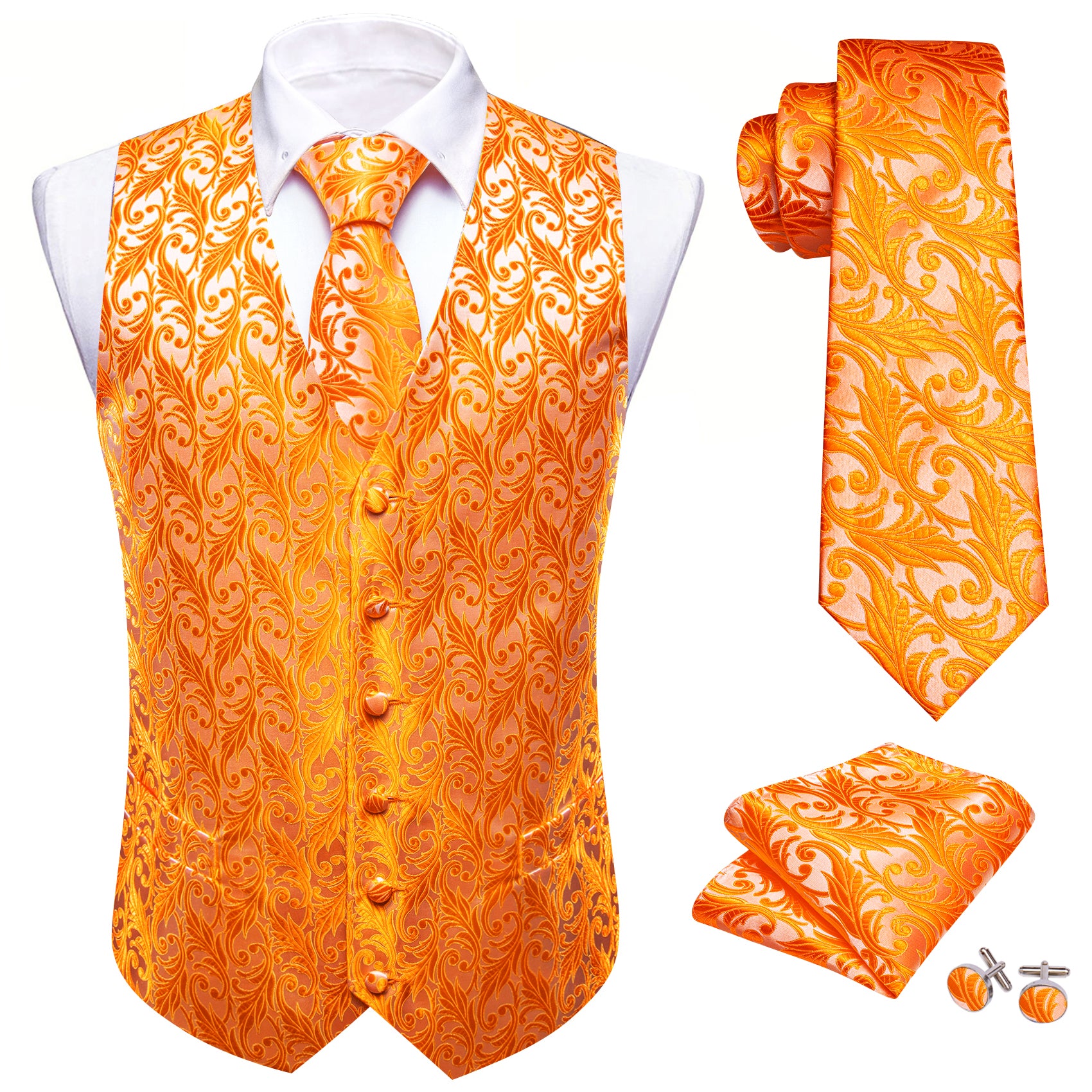 Orange Floral Silk Vest Necktie Pocket Square Cufflinks Set