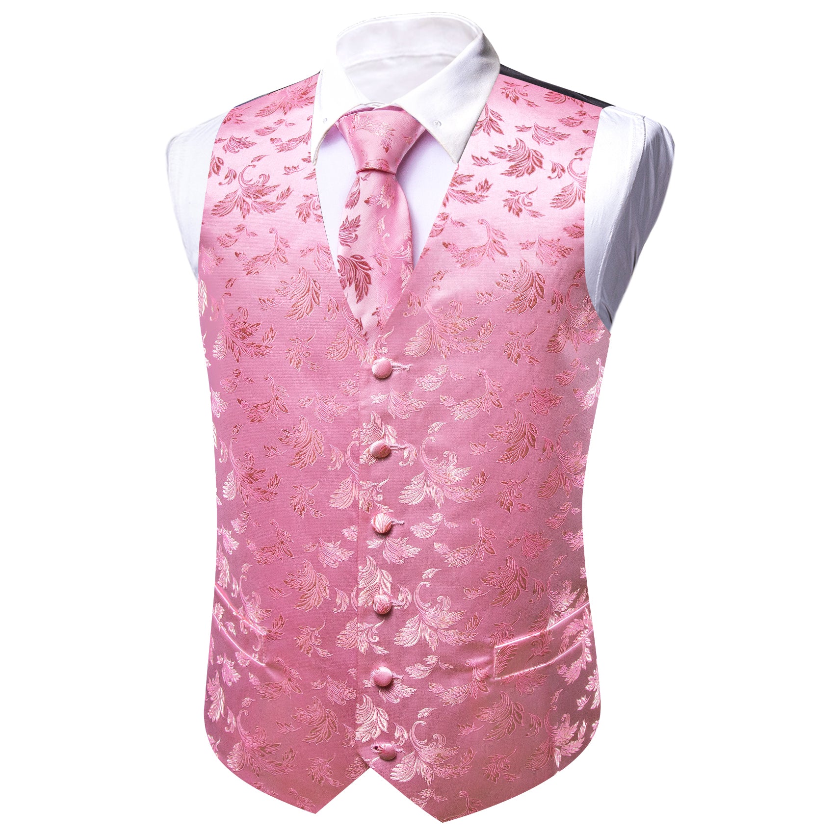Pink Floral Silk Vest Necktie Pocket Square Cufflinks Set