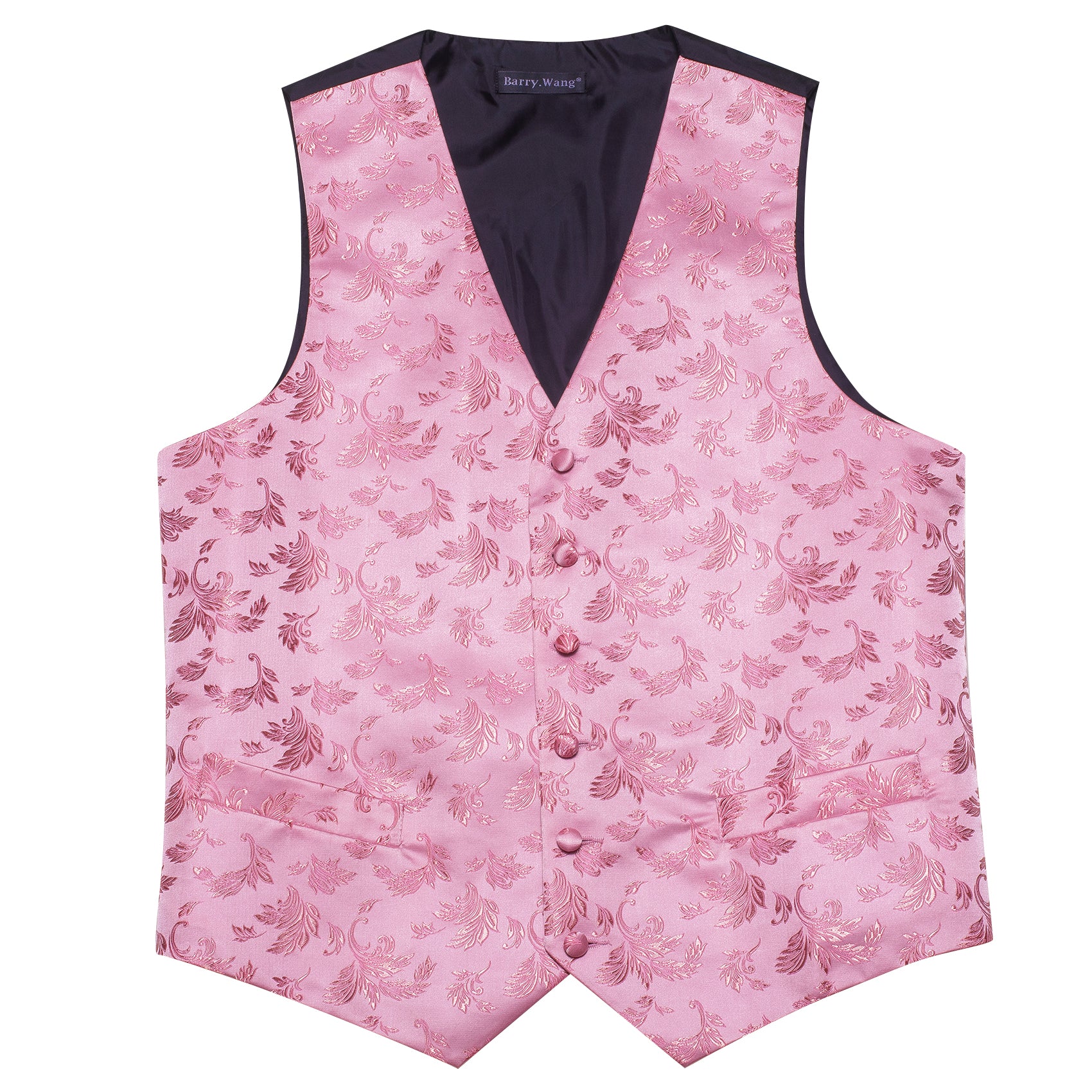 Pink Floral Silk Vest Necktie Pocket Square Cufflinks Set